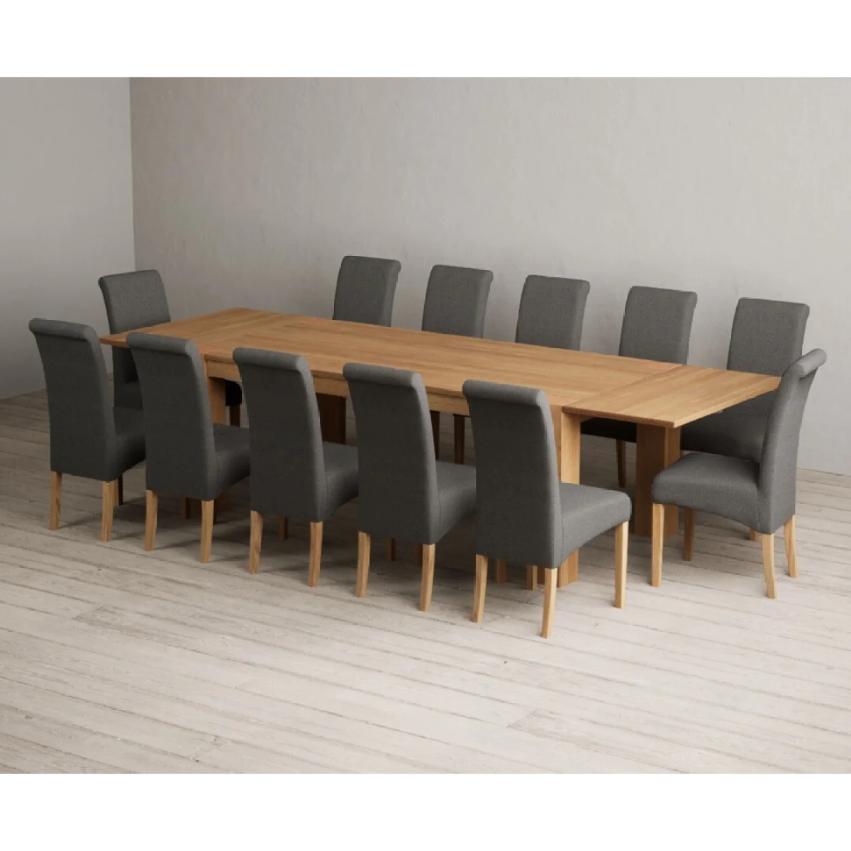 Sheringham 200cm Solid Oak Dining Table with Sheringham Oak Extensions (Pair) with 12 Charcoal Grey Scroll Back Chairs – image 3