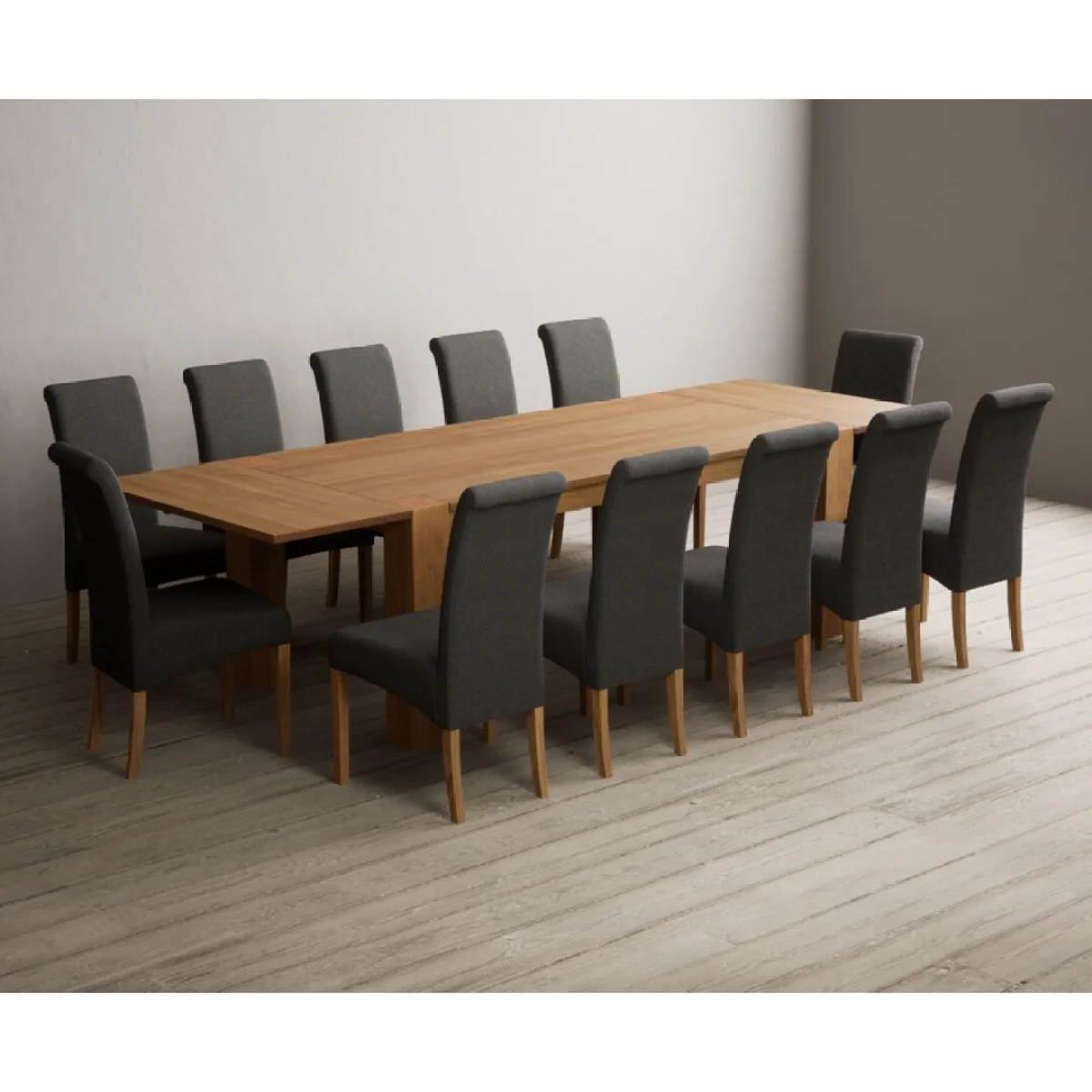 Sheringham 200cm Solid Oak Dining Table with Sheringham Oak Extensions (Pair) with 12 Charcoal Grey Scroll Back Chairs – image 4