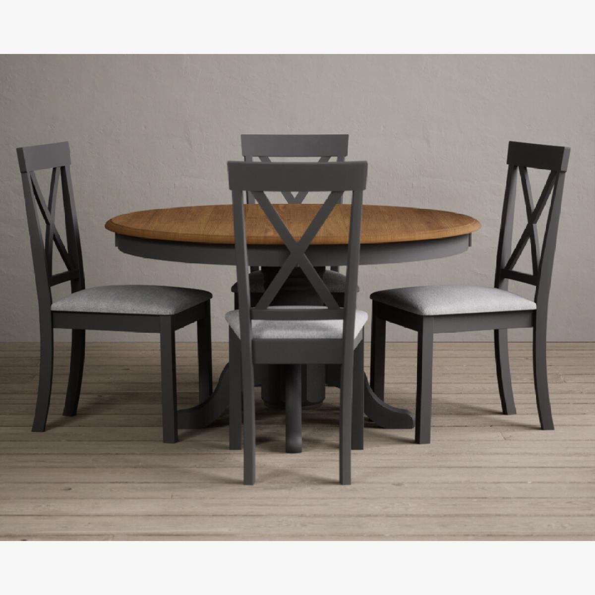 Hertford 120cm Oak and Charcoal Grey Painted Round Pedestal Table With 4 Linen Hertford Chairs – image 1