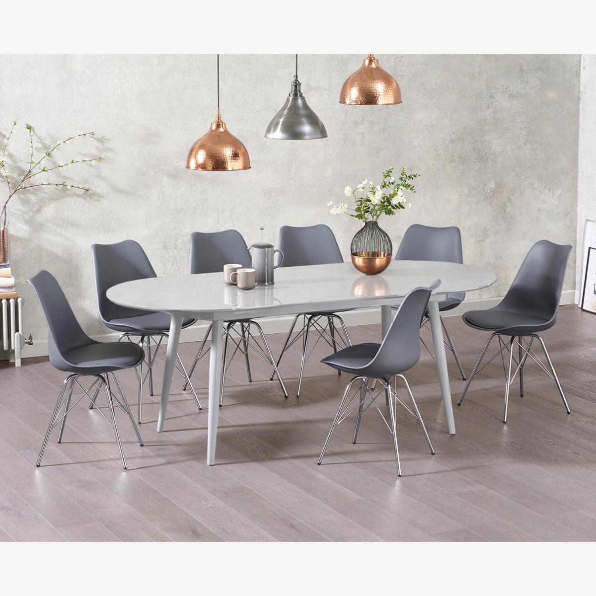 Olivia Extending Light Grey High Gloss Dining Table With 8 Light Grey Celine Chairs