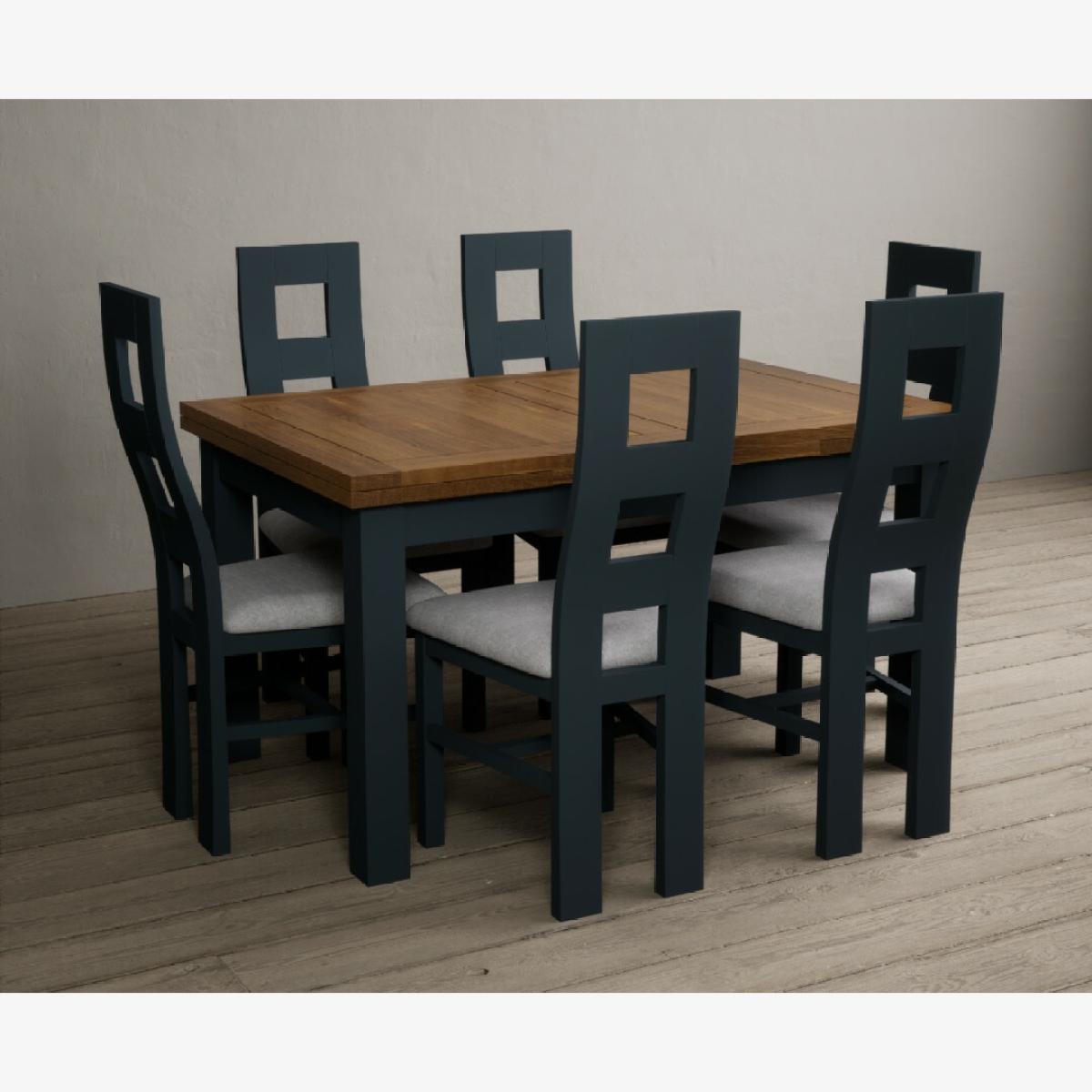 Hampshire 140cm Oak and Dark Blue Extending Dining Table With 6 Charcoal Grey Flow Back Chairs – image 1