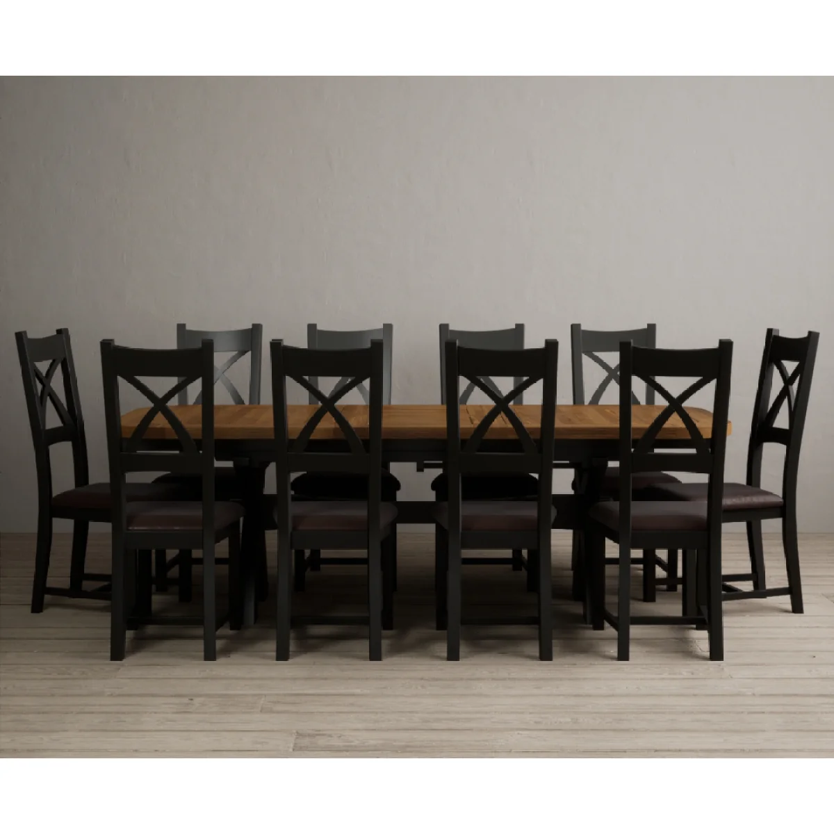 Extending Olympia 180cm Oak and Black Painted Dining Table with 10 Brown Painted Chairs – image 2
