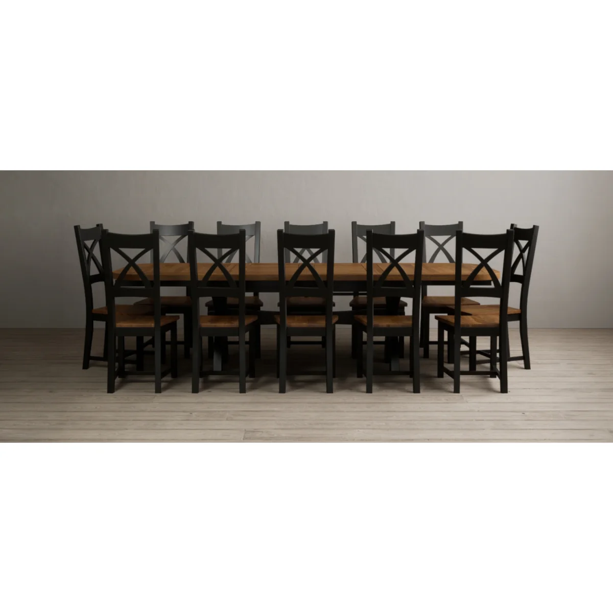 Extending Olympia 180cm Oak and Black Painted Dining Table with 10 Brown Painted Chairs – image 11