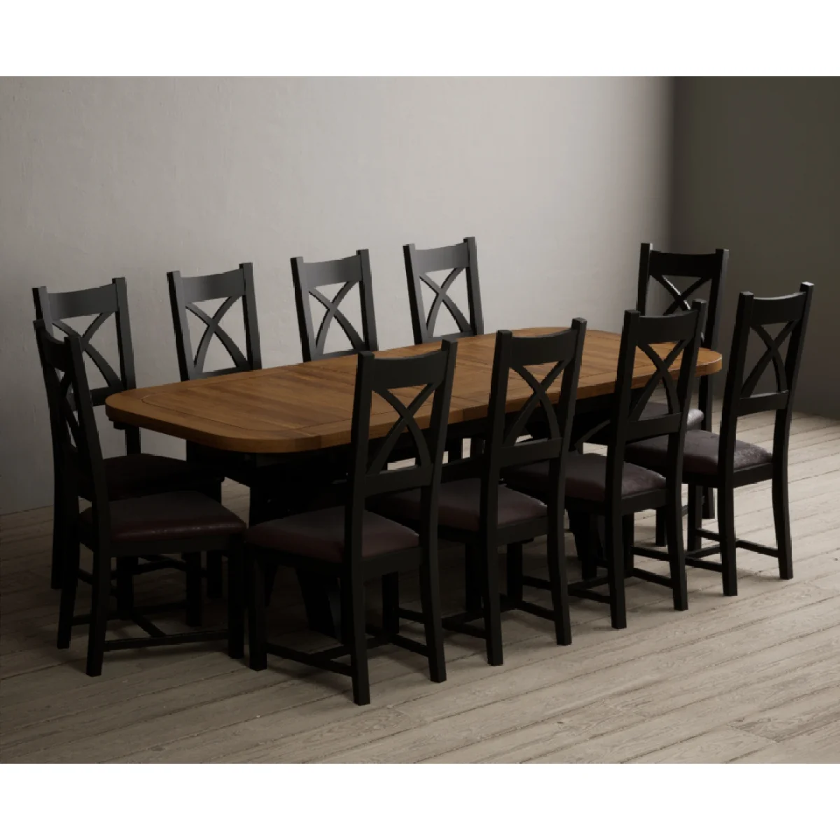 Extending Olympia 180cm Oak and Black Painted Dining Table with 10 Brown Painted Chairs – image 3