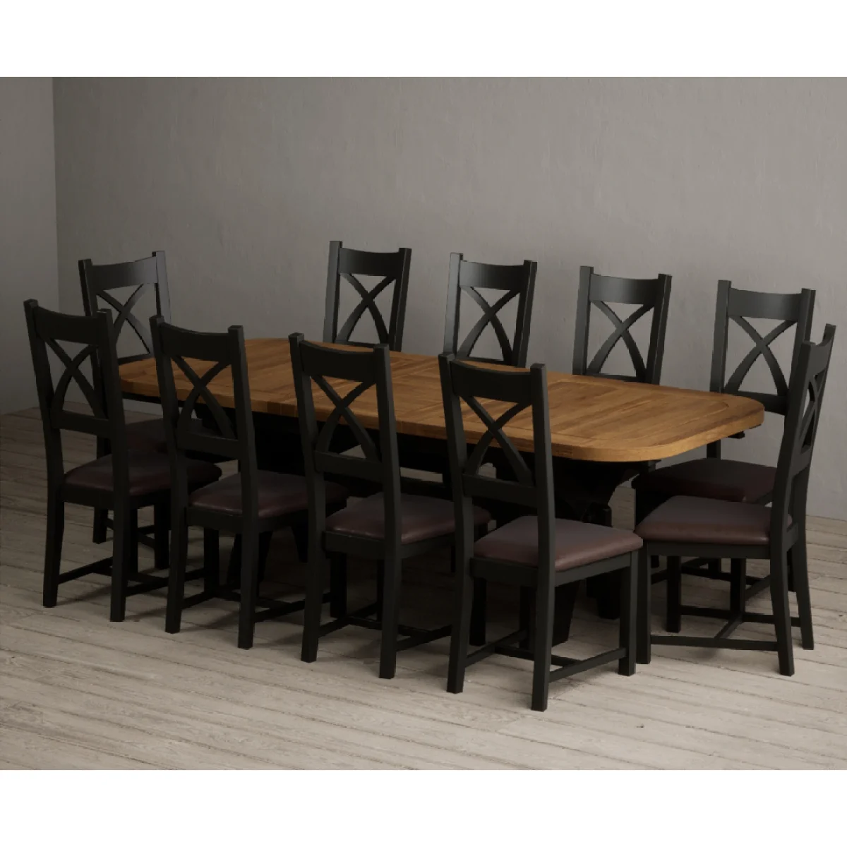 Extending Olympia 180cm Oak and Black Painted Dining Table with 10 Brown Painted Chairs – image 4
