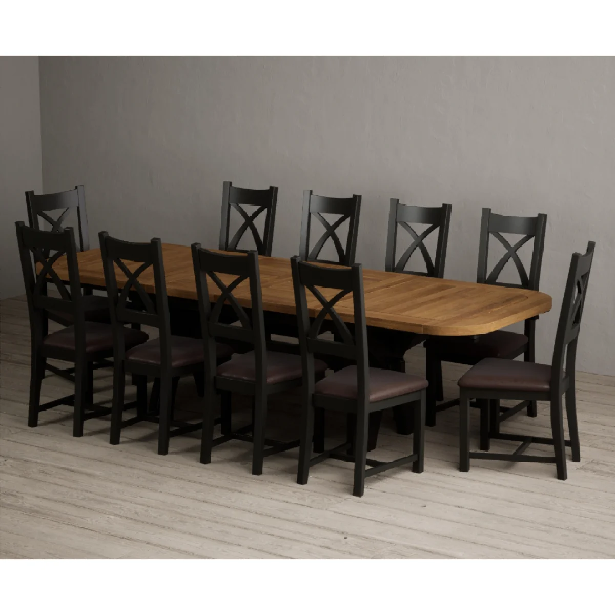 Extending Olympia 180cm Oak and Black Painted Dining Table with 10 Brown Painted Chairs – image 5