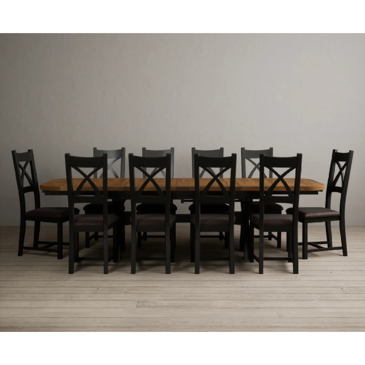 Extending Olympia 180cm Oak and Black Painted Dining Table with 10 Brown Painted Chairs – image 6