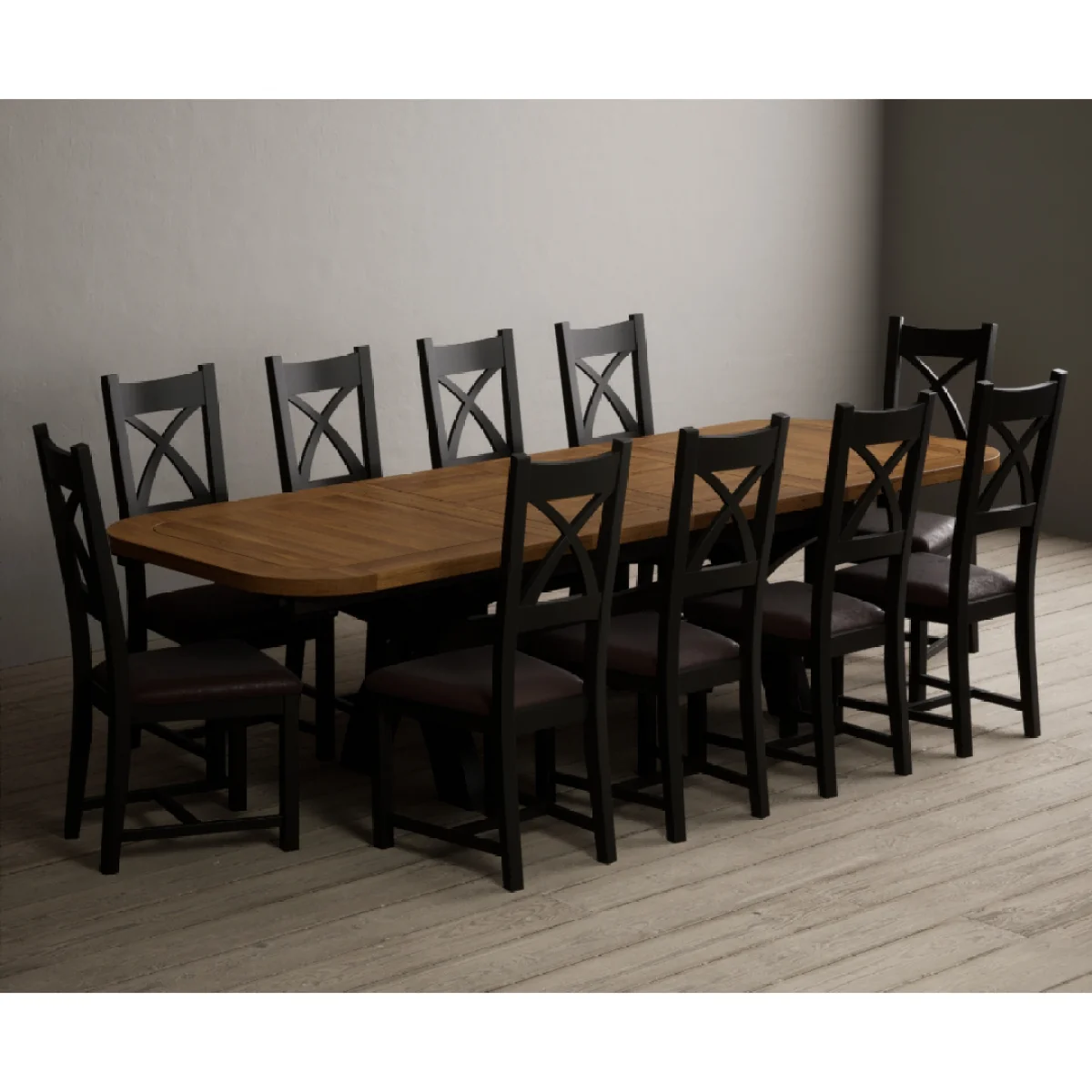 Extending Olympia 180cm Oak and Black Painted Dining Table with 10 Brown Painted Chairs – image 7