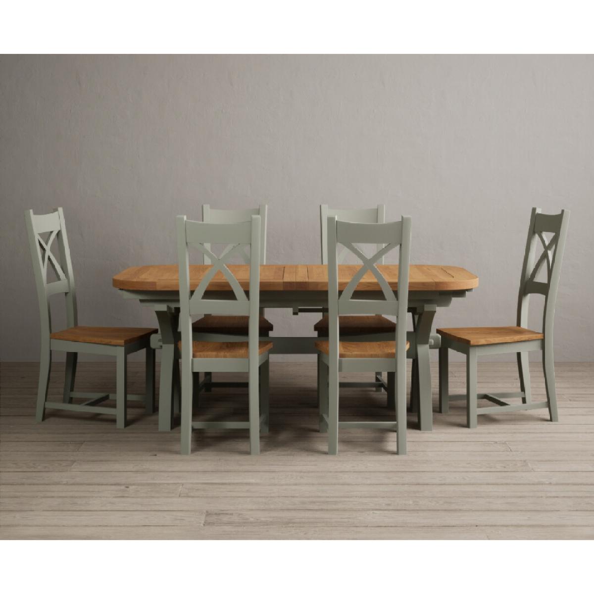 Extending Olympia 180cm Oak and Soft Green Painted Dining Table with 6 Blue Chairs – image 4