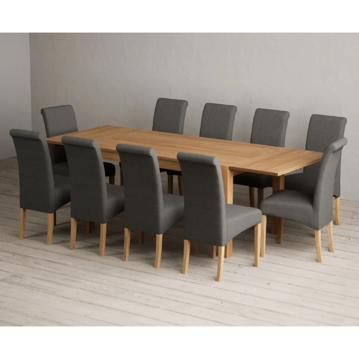 Thetford 150cm Oak Dining Table with Thetford 45cm Oak Extensions with 10 Charcoal Grey Scroll Back Chairs – image 2