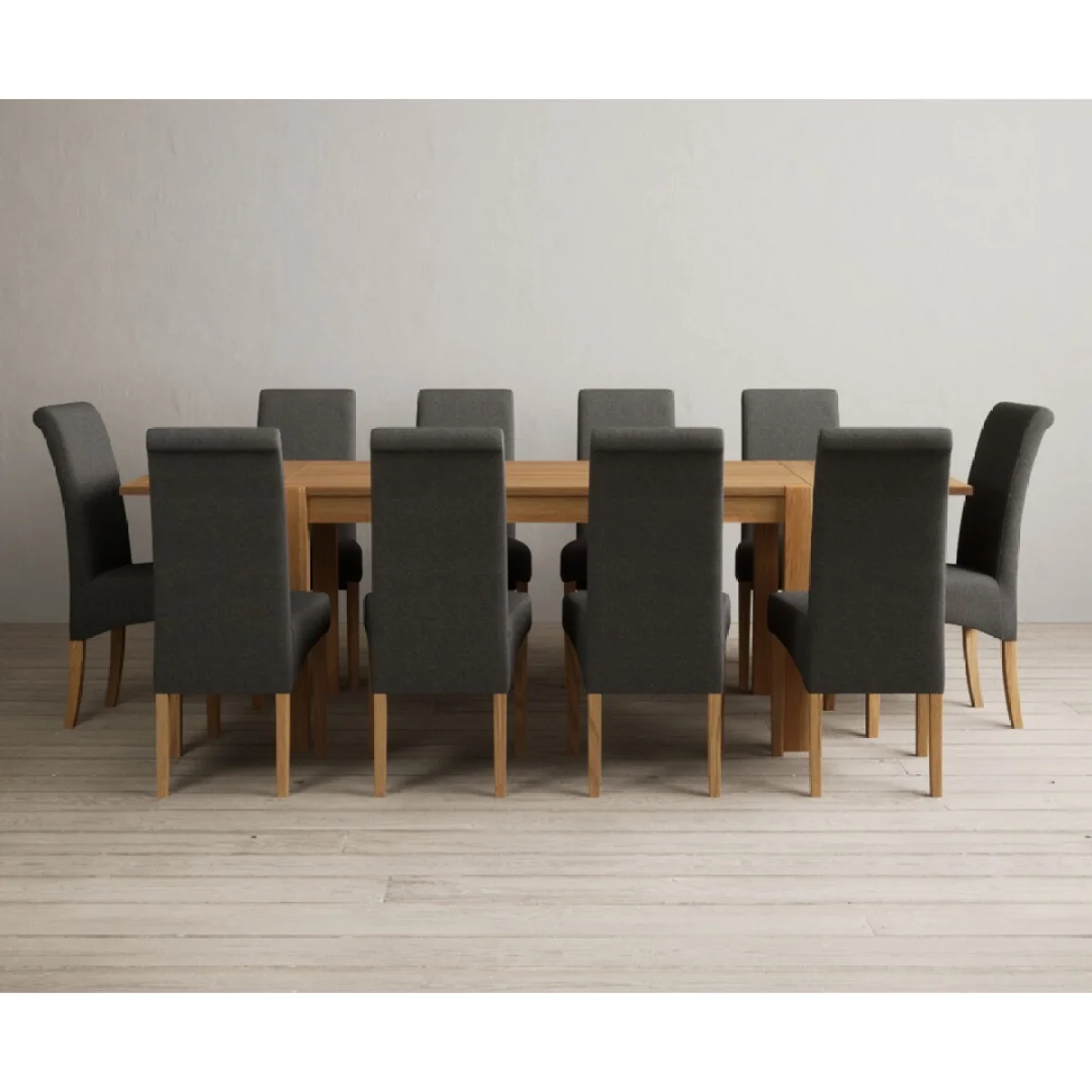 Thetford 150cm Oak Dining Table with Thetford 45cm Oak Extensions with 10 Charcoal Grey Scroll Back Chairs – image 3