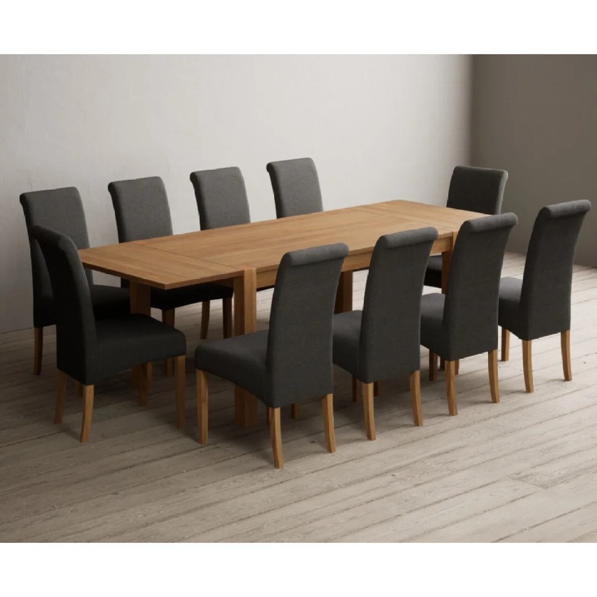 Thetford 150cm Oak Dining Table with Thetford 45cm Oak Extensions with 10 Charcoal Grey Scroll Back Chairs – image 4