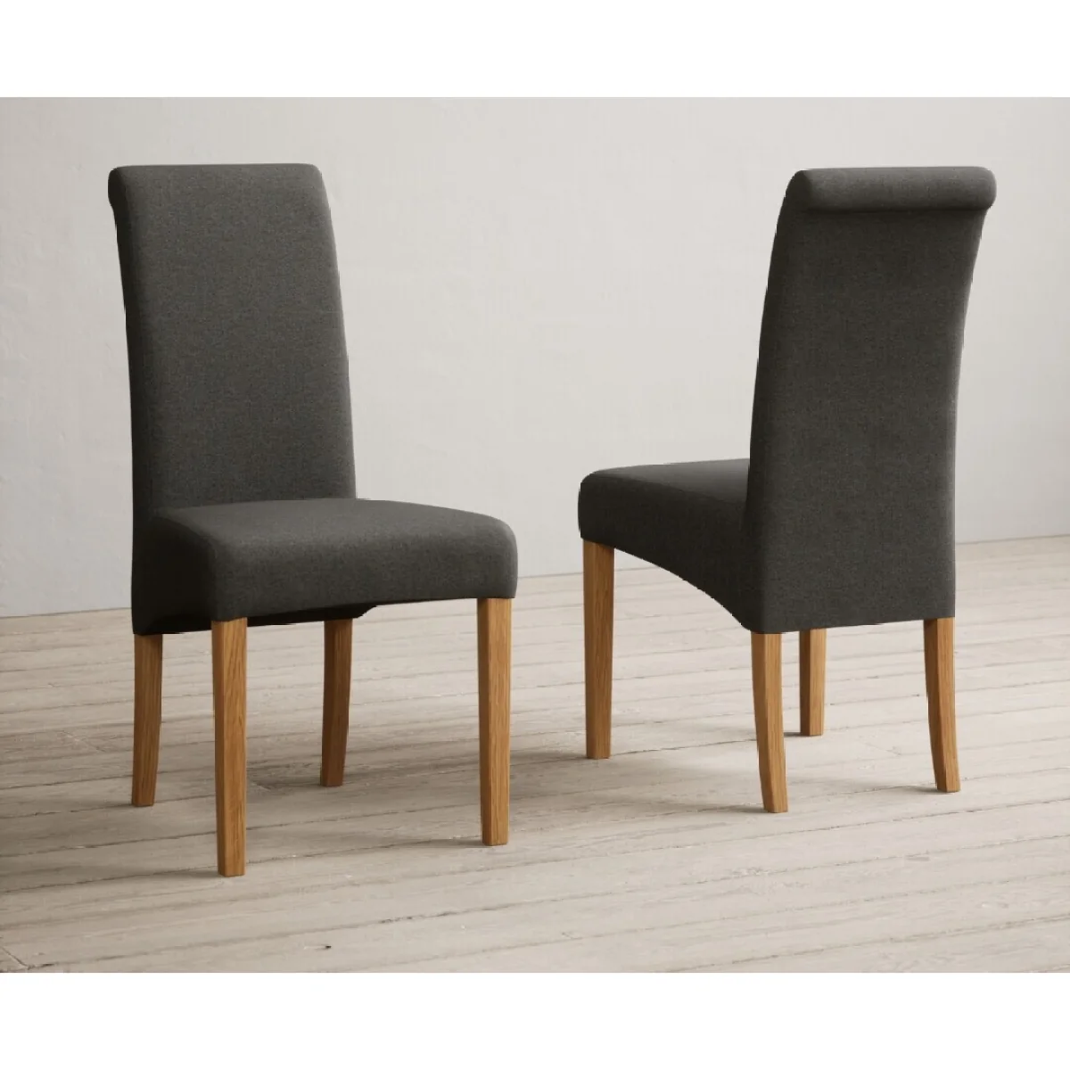 Thetford 150cm Oak Dining Table with Thetford 45cm Oak Extensions with 10 Charcoal Grey Scroll Back Chairs – image 5