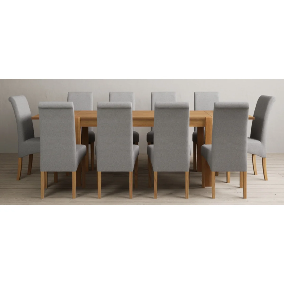 Thetford 150cm Oak Dining Table with Thetford 45cm Oak Extensions with 10 Charcoal Grey Scroll Back Chairs – image 8