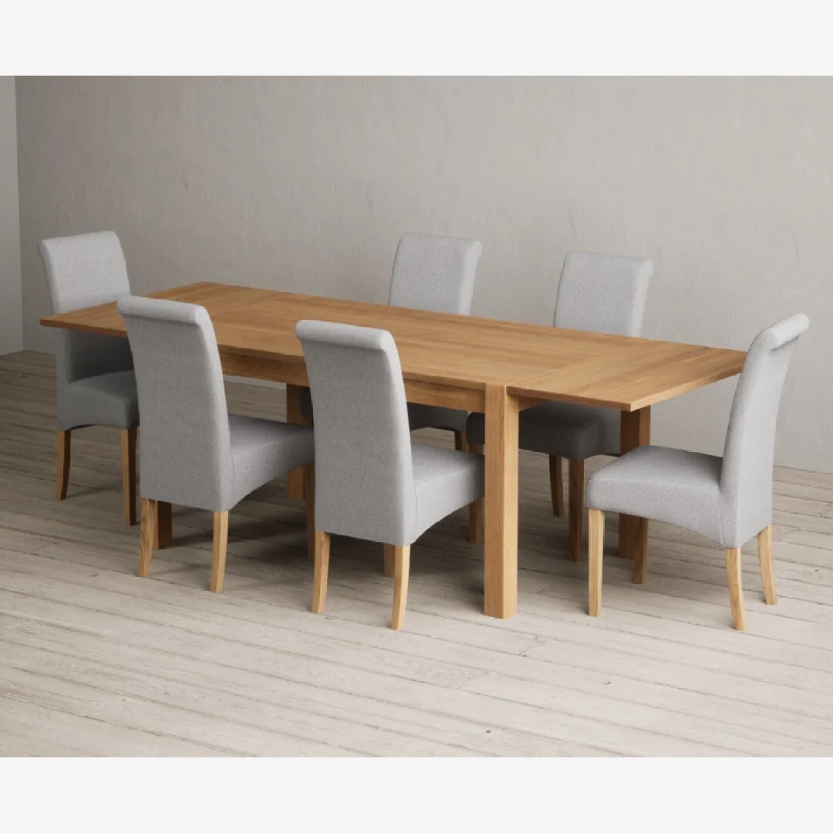 Thetford 150cm Oak Dining Table with Thetford 45cm Oak Extensions with 10 Charcoal Grey Scroll Back Chairs – image 1