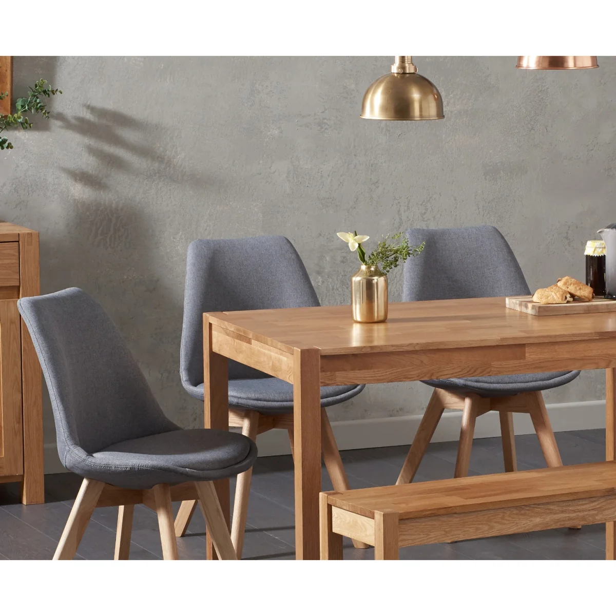 York 150cm Solid Oak Dining Table with 4 Dark Grey Orson Chairs with 2 Oak Benches – image 2