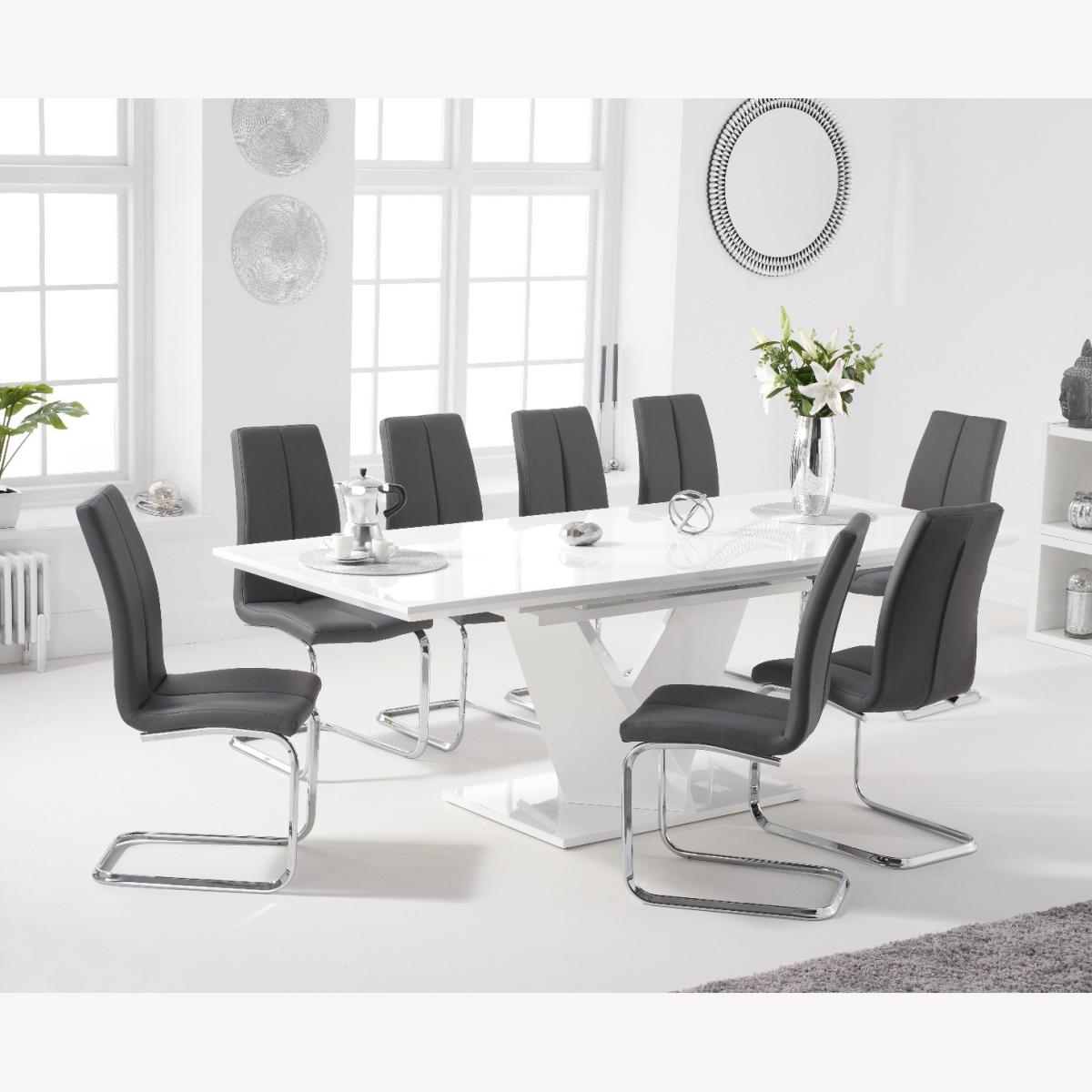 Halo 160cm White High Gloss Extending Dining Table With 10 Grey Tarin Faux Leather Chairs