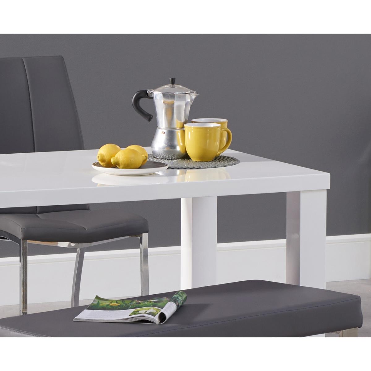Seattle 120cm White High Gloss Dining Table with 4 White Marco Chairs and 1 Austin Grey Bench – image 2