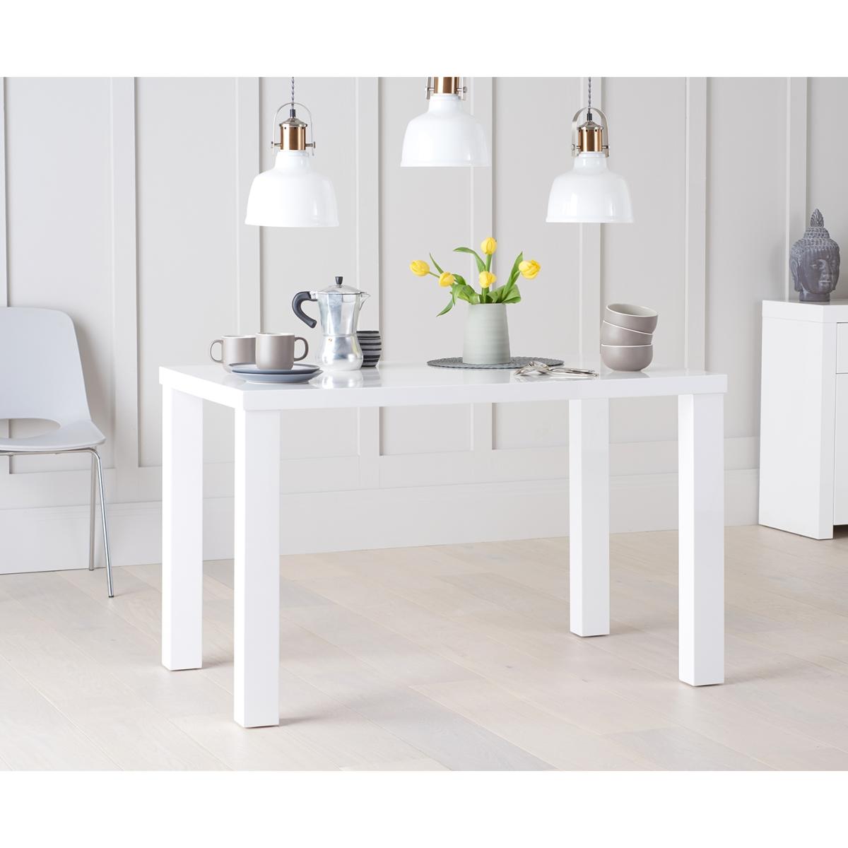 Seattle 120cm White High Gloss Dining Table with 4 White Marco Chairs and 1 Austin Grey Bench – image 3