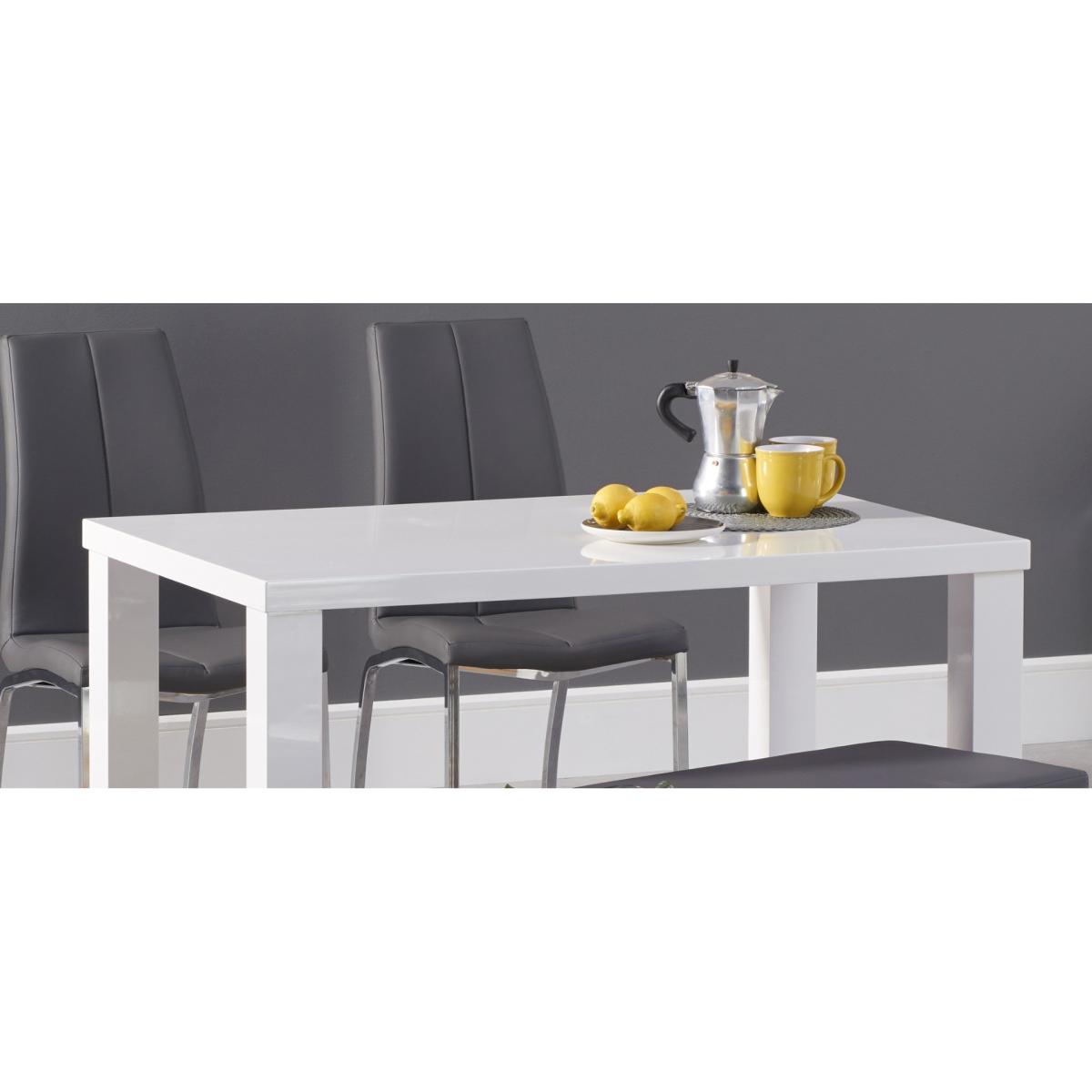 Seattle 120cm White High Gloss Dining Table with 4 White Marco Chairs and 1 Austin Grey Bench – image 9
