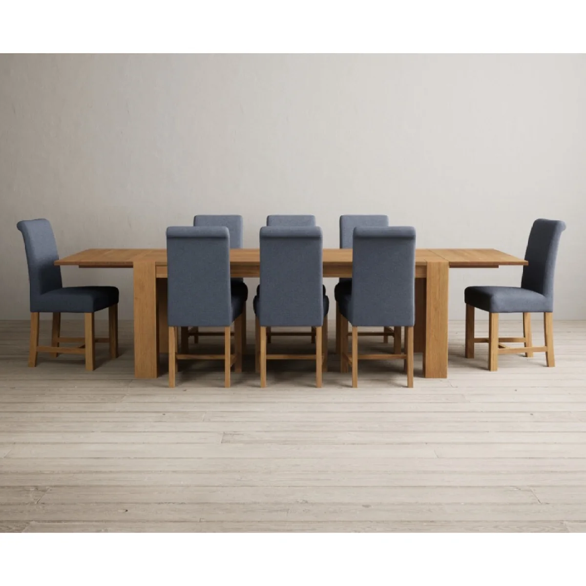 Sheringham 200cm Solid Oak Dining Table with Sheringham Oak Extensions (Pair) with 8 Blue Scroll Back Chairs – image 2