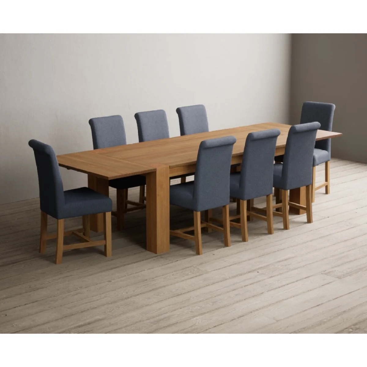 Sheringham 200cm Solid Oak Dining Table with Sheringham Oak Extensions (Pair) with 8 Blue Scroll Back Chairs – image 3