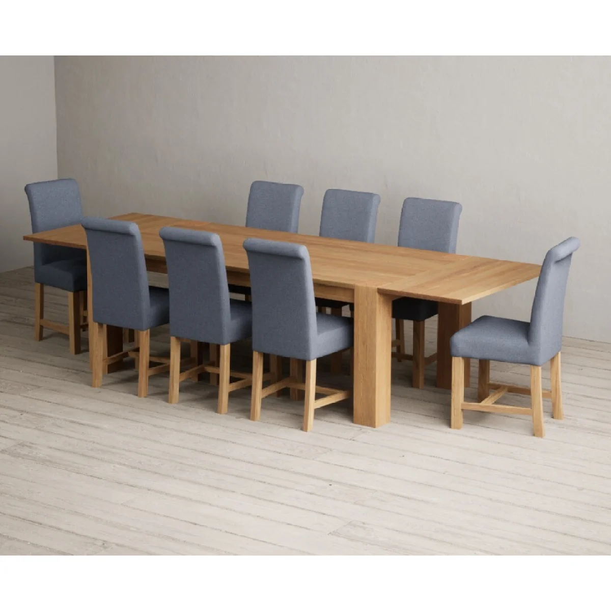 Sheringham 200cm Solid Oak Dining Table with Sheringham Oak Extensions (Pair) with 8 Blue Scroll Back Chairs – image 4