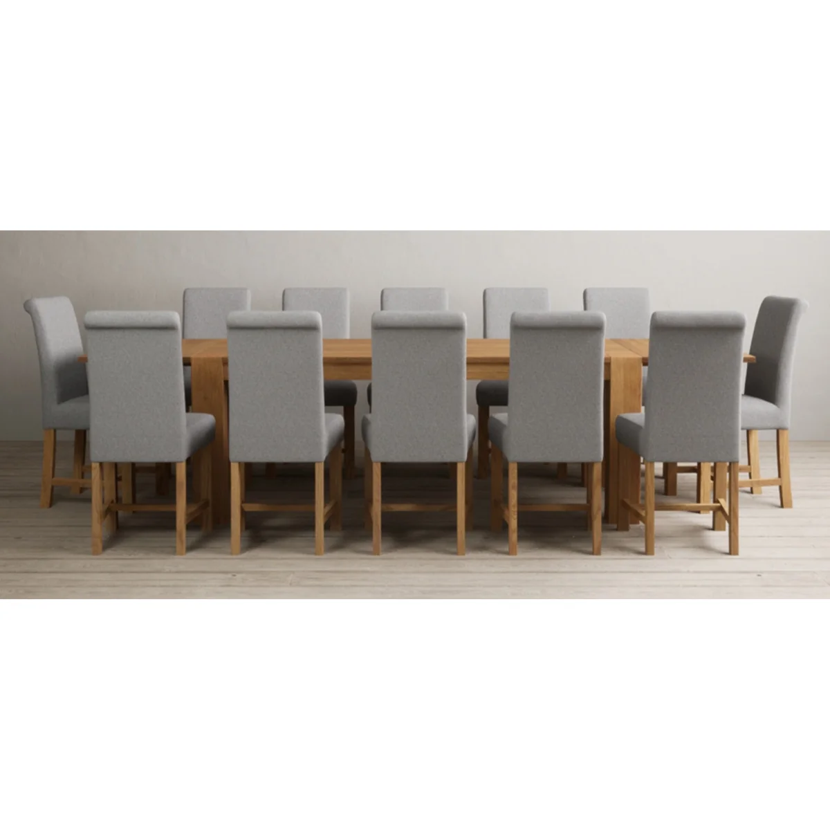 Sheringham 200cm Solid Oak Dining Table with Sheringham Oak Extensions (Pair) with 8 Blue Scroll Back Chairs – image 7
