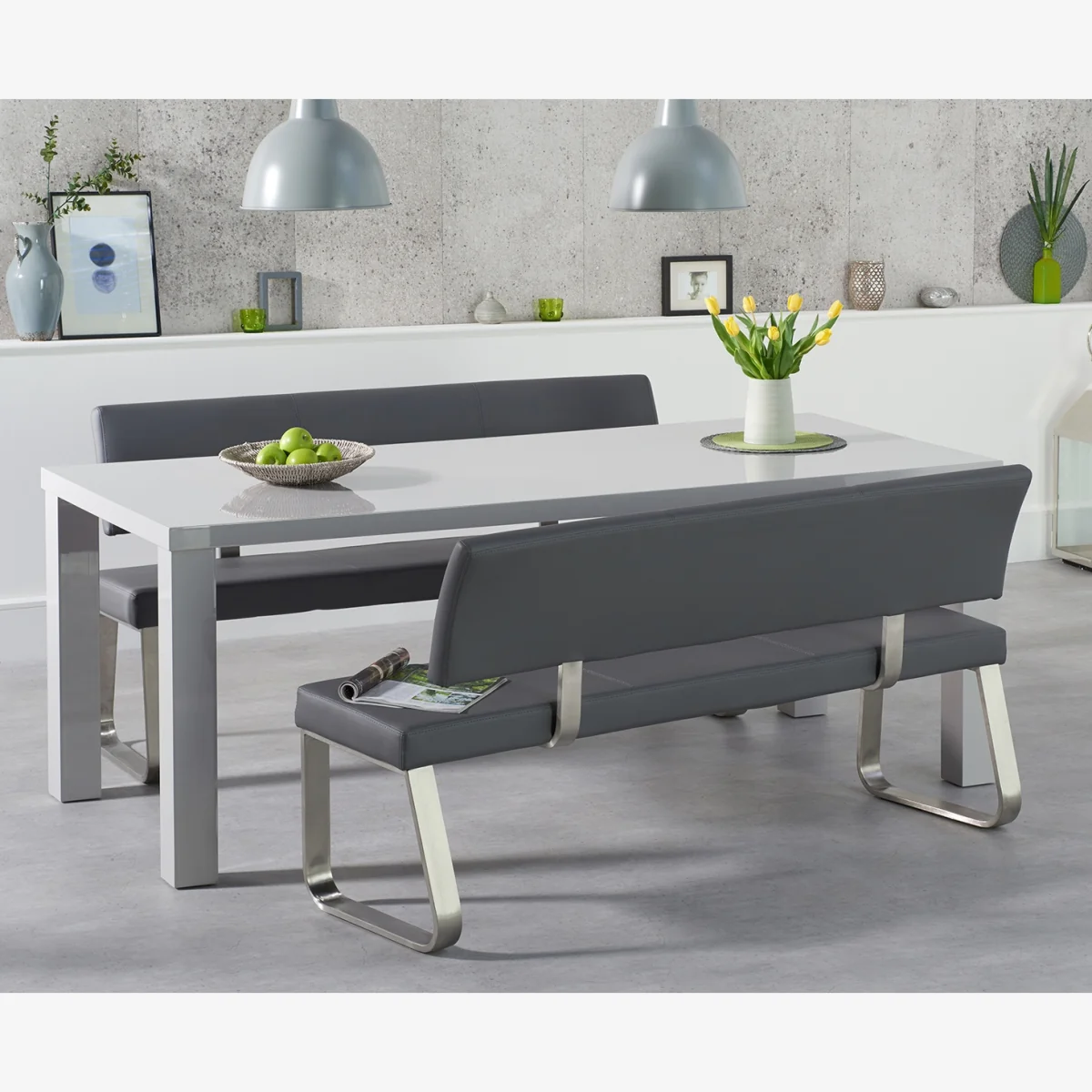Atlanta 200cm Light Grey High Gloss Dining Table with Austin Benches With Backs