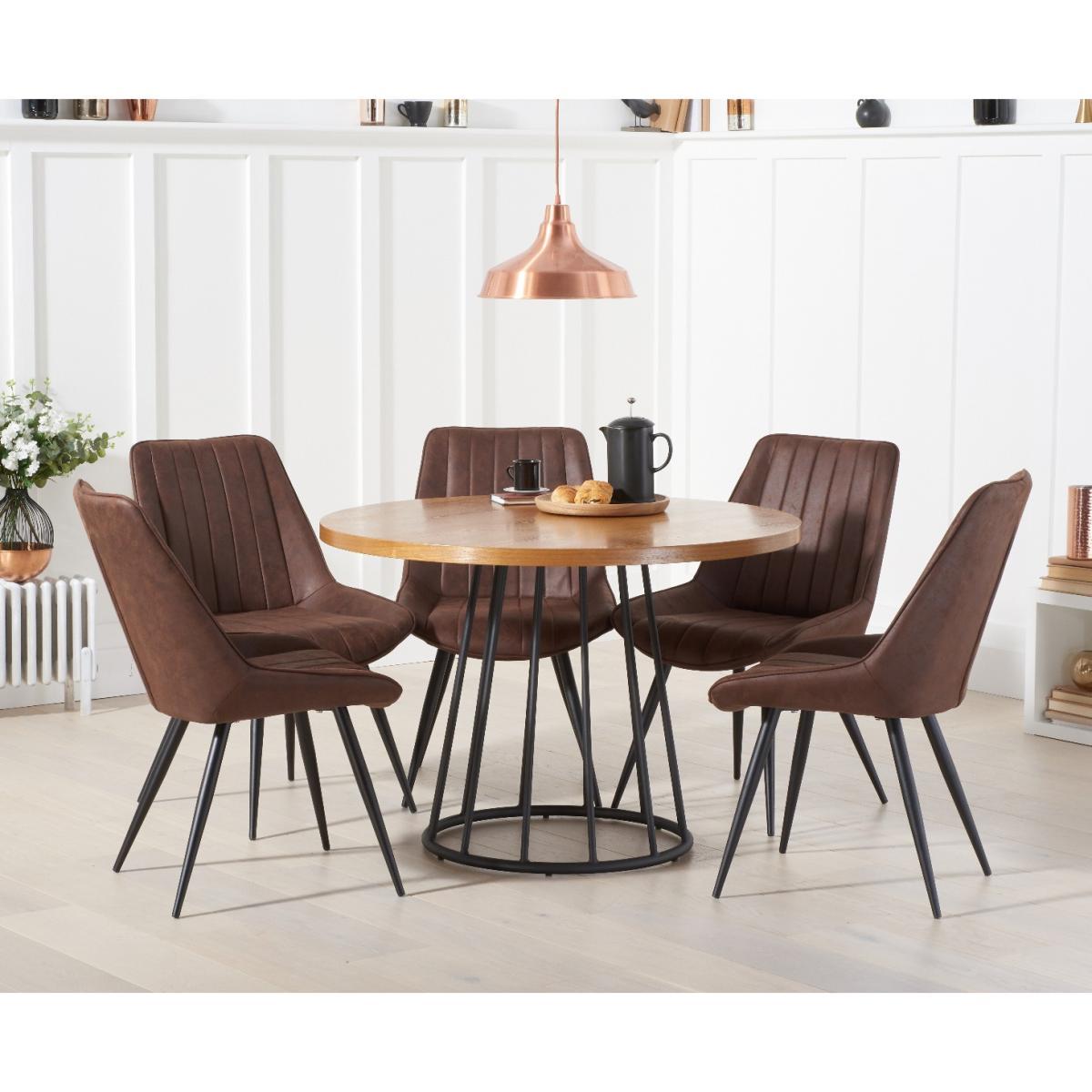 Hoxton 110cm Industrial Dining Table Round with Marcel Antique Chairs - Brown, 4 Chairs – image 1