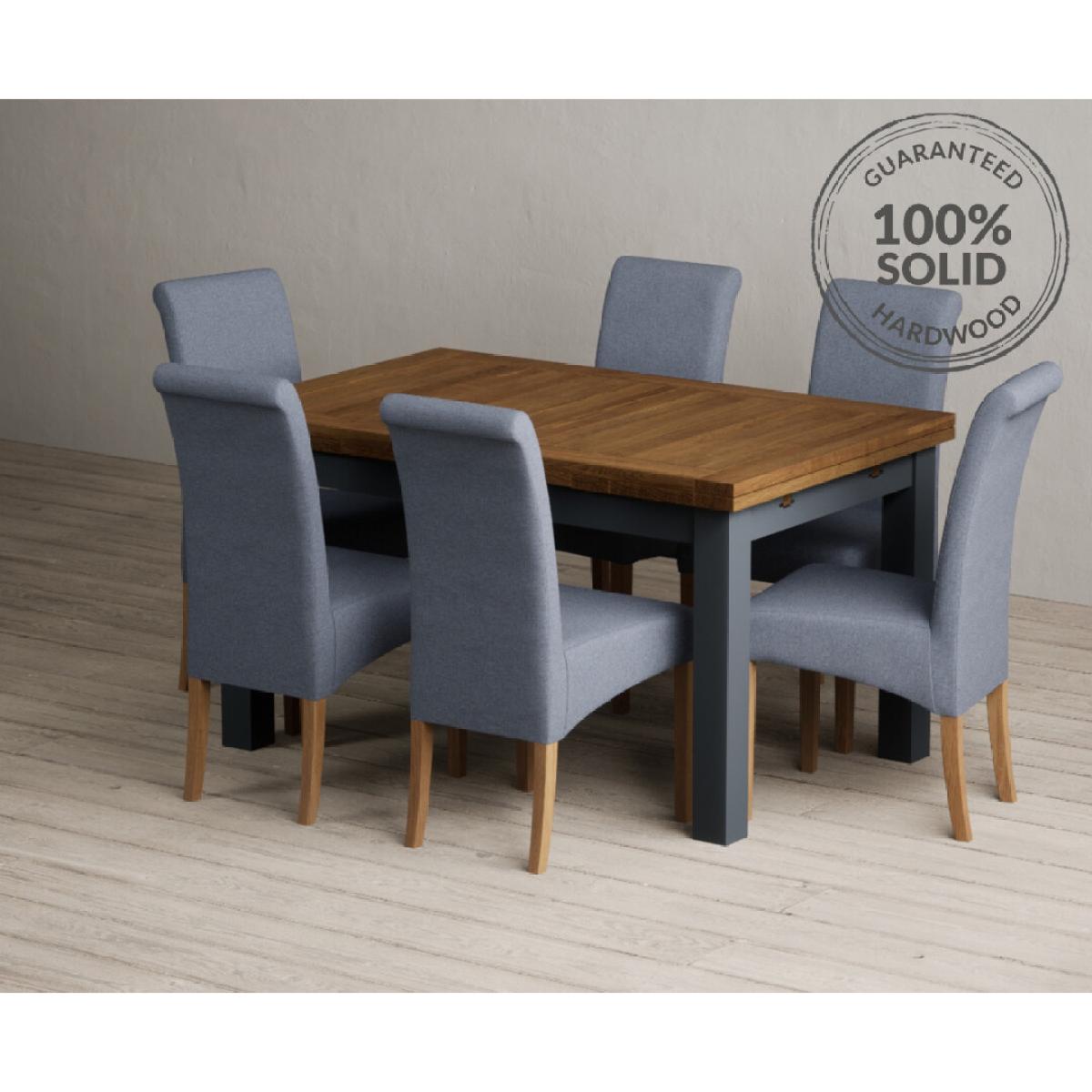 Extending Buxton 140cm Oak and Dark Blue Painted Dining Table with 8 Grey Scroll Back Chairs – image 2