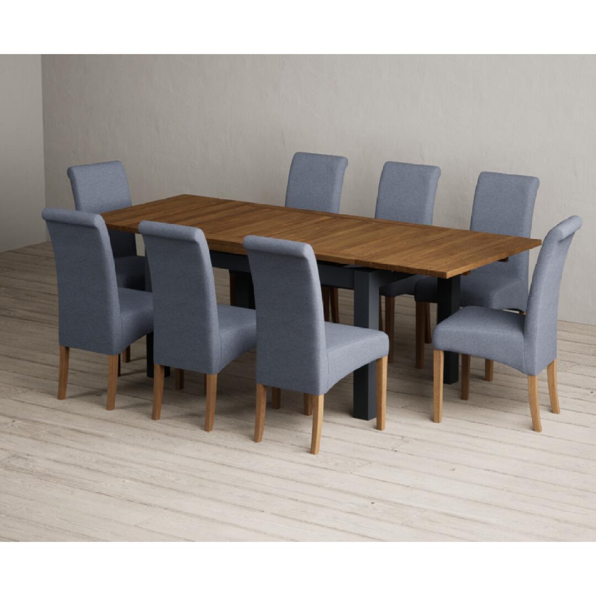 Extending Buxton 140cm Oak and Dark Blue Painted Dining Table with 8 Grey Scroll Back Chairs – image 11