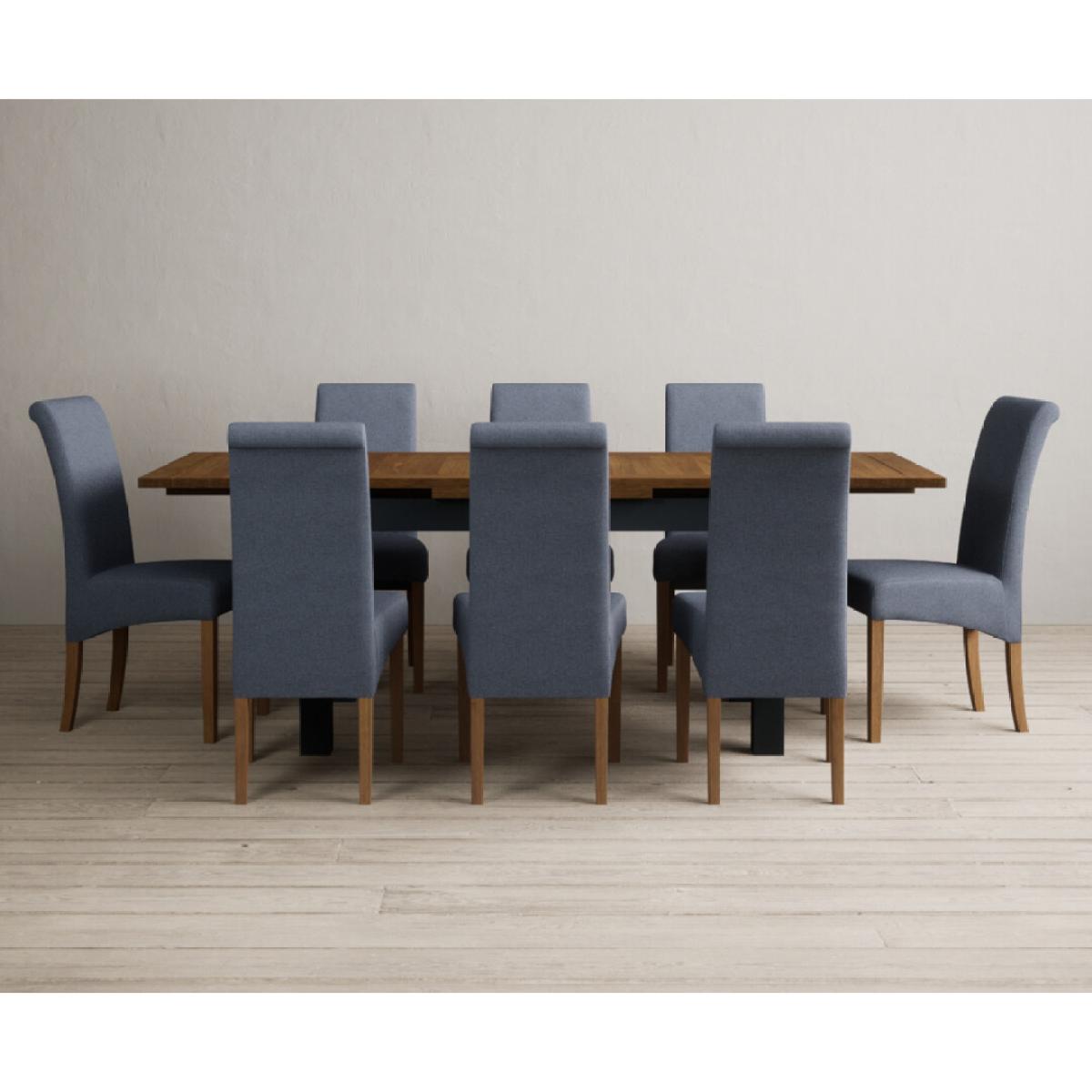 Extending Buxton 140cm Oak and Dark Blue Painted Dining Table with 8 Grey Scroll Back Chairs – image 12