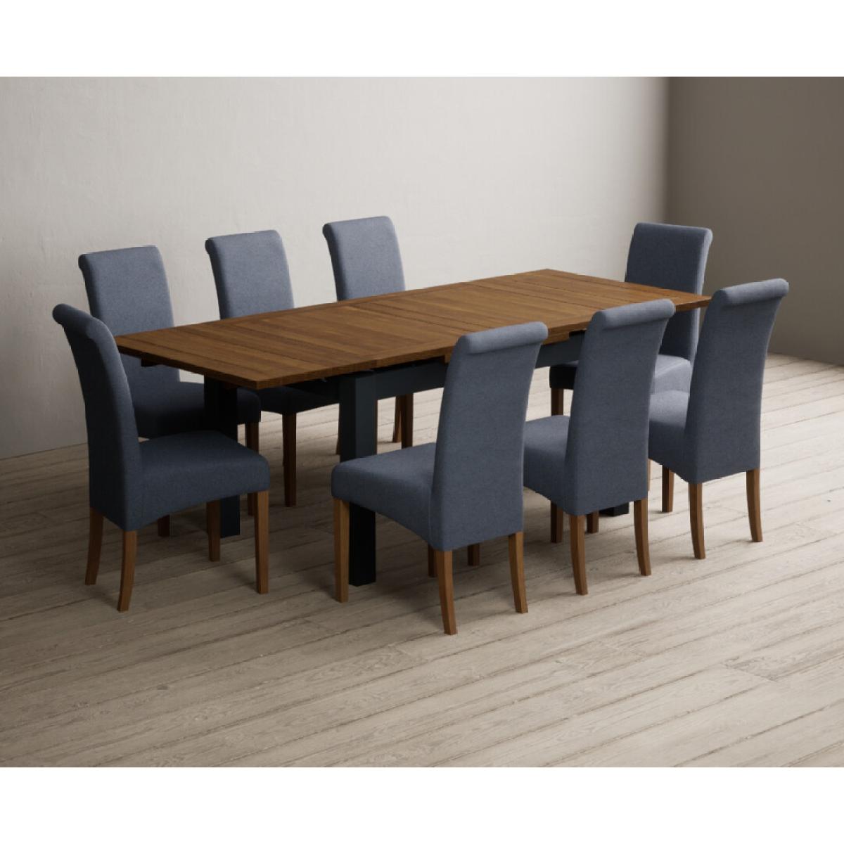 Extending Buxton 140cm Oak and Dark Blue Painted Dining Table with 8 Grey Scroll Back Chairs – image 13