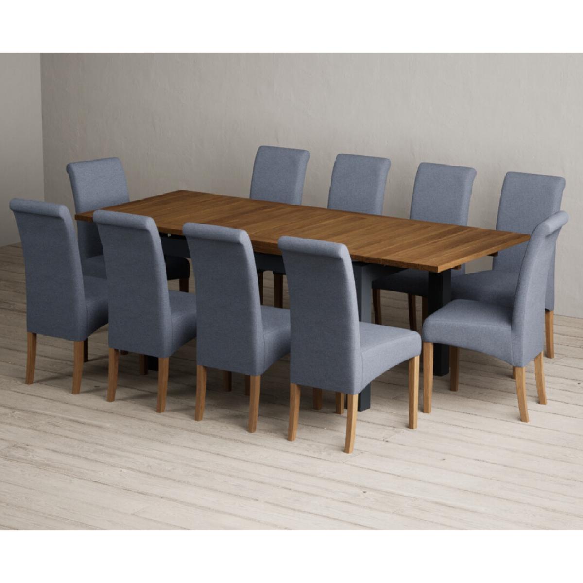 Extending Buxton 140cm Oak and Dark Blue Painted Dining Table with 8 Grey Scroll Back Chairs – image 14