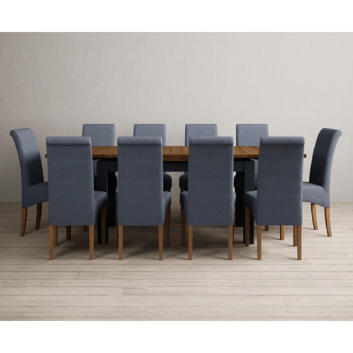 Extending Buxton 140cm Oak and Dark Blue Painted Dining Table with 8 Grey Scroll Back Chairs – image 15