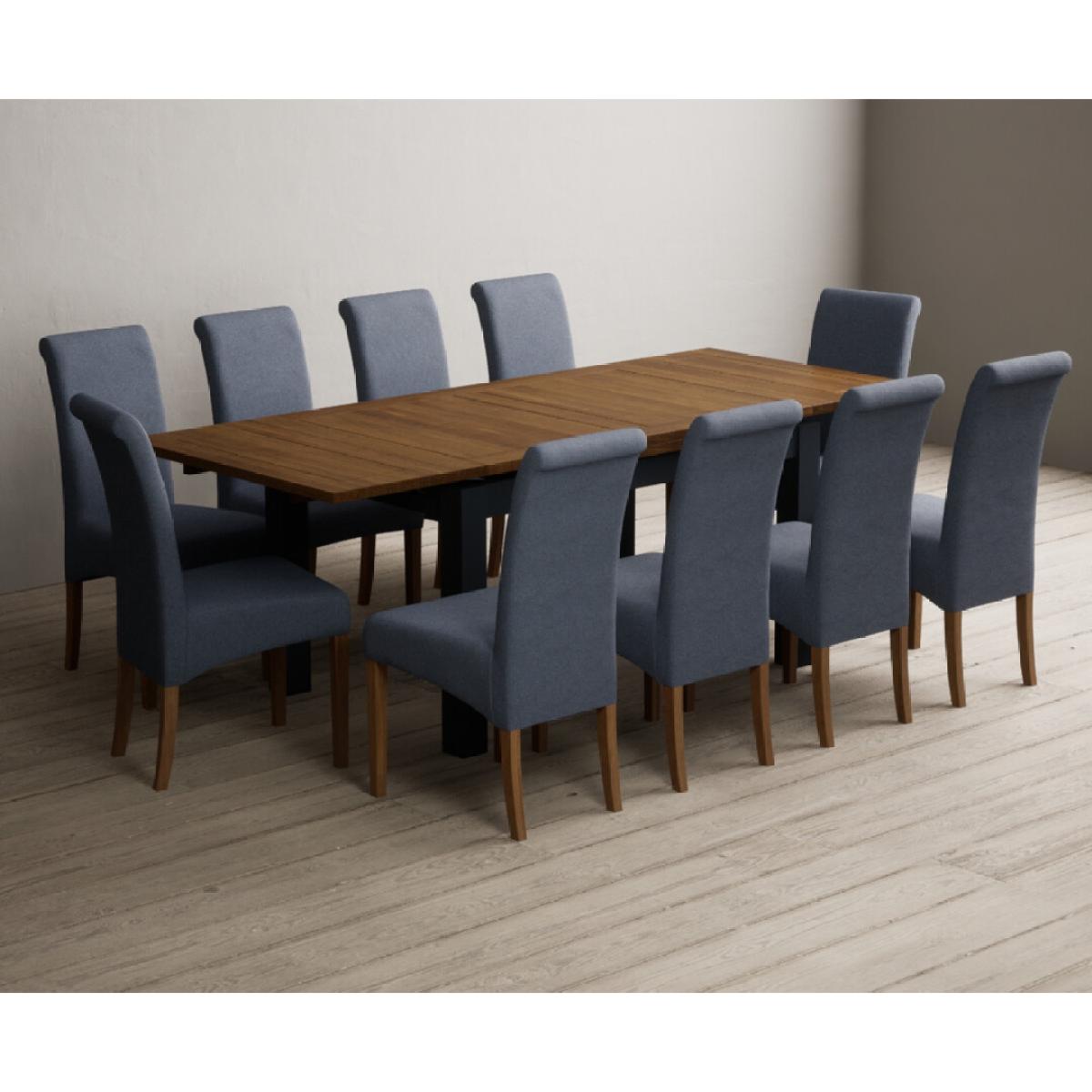 Extending Buxton 140cm Oak and Dark Blue Painted Dining Table with 8 Grey Scroll Back Chairs – image 16