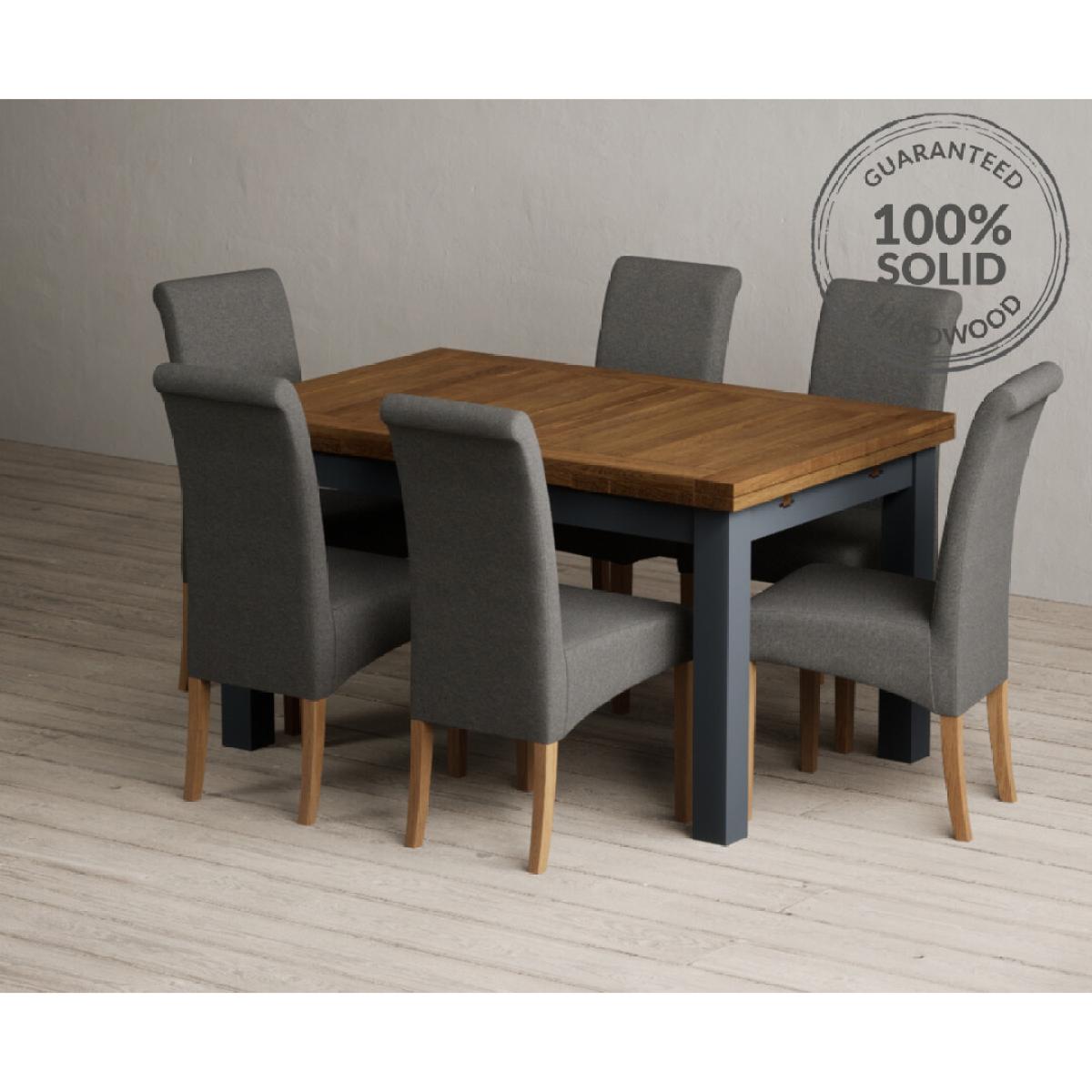Extending Buxton 140cm Oak and Dark Blue Painted Dining Table with 8 Grey Scroll Back Chairs – image 18