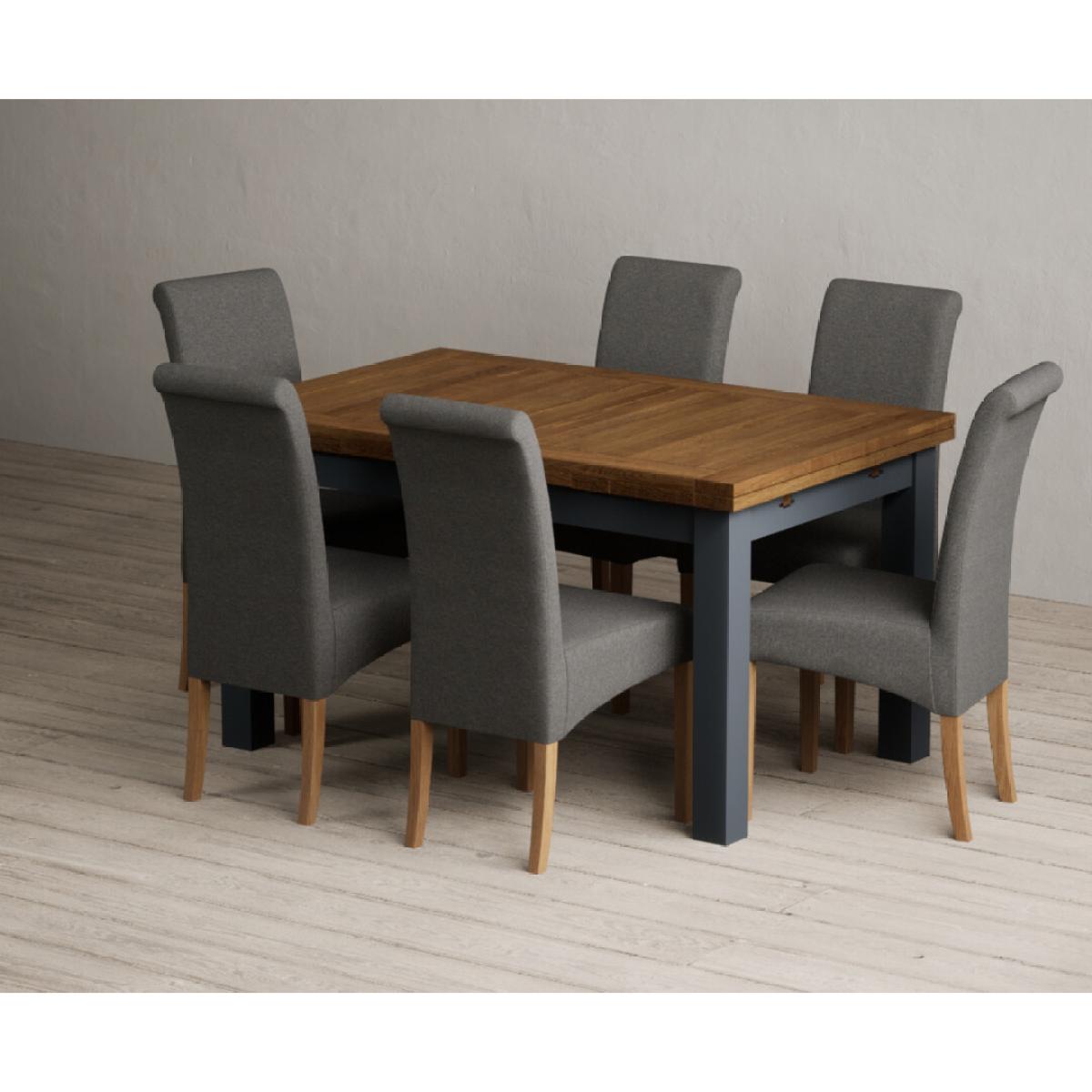 Extending Buxton 140cm Oak and Dark Blue Painted Dining Table with 8 Grey Scroll Back Chairs – image 19