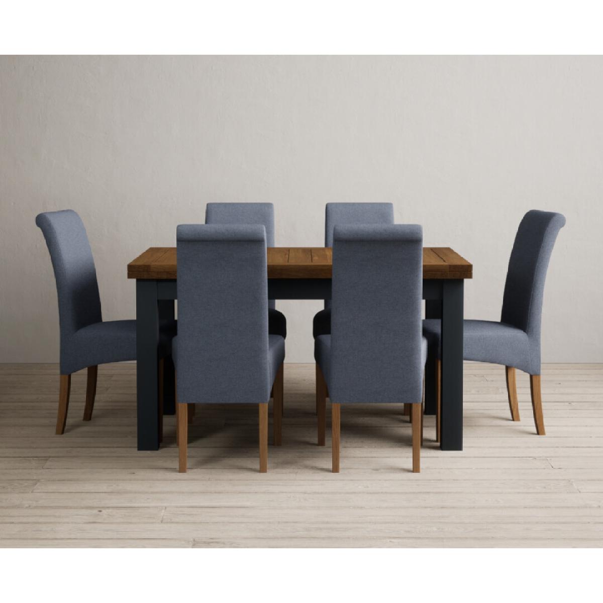Extending Buxton 140cm Oak and Dark Blue Painted Dining Table with 8 Grey Scroll Back Chairs – image 3