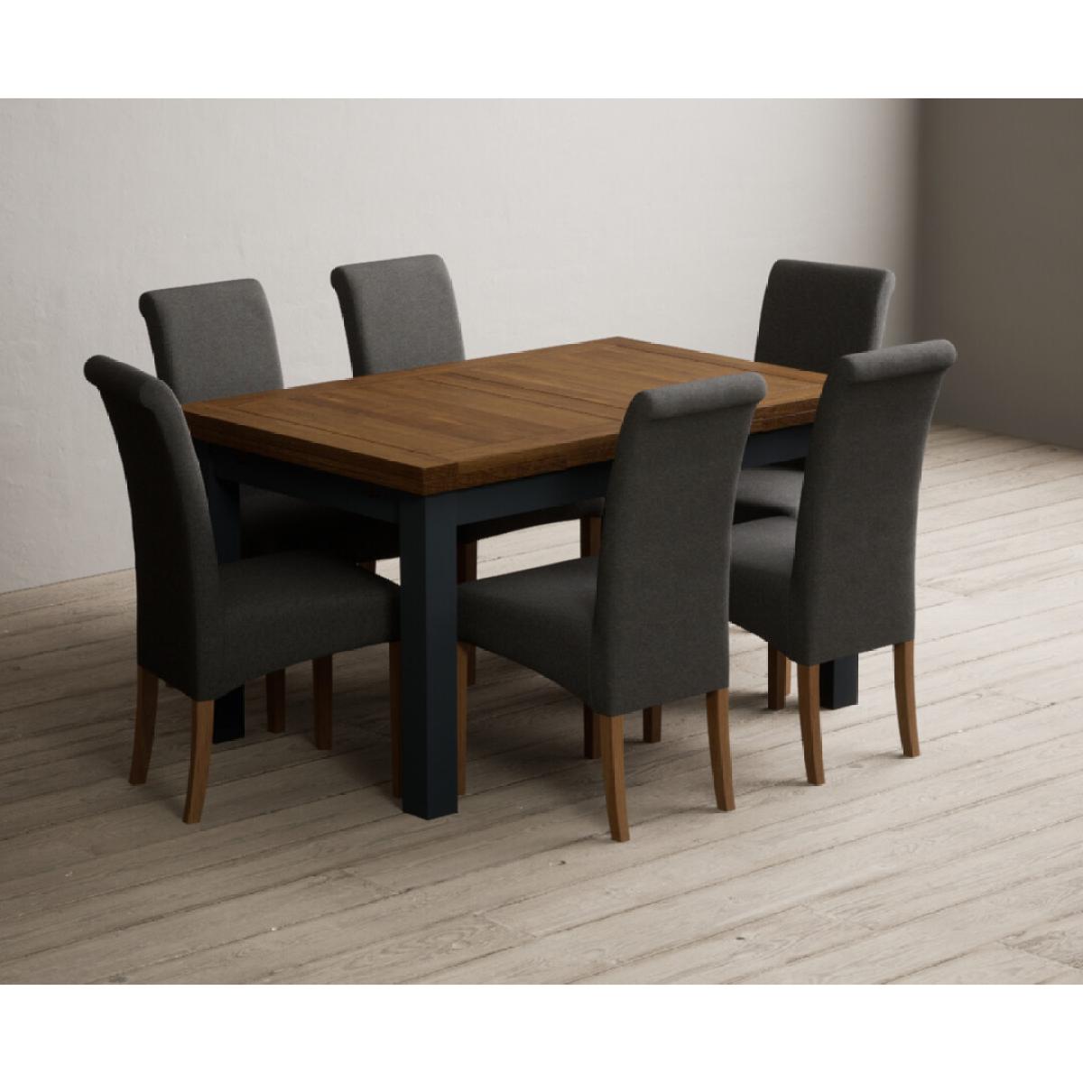 Extending Buxton 140cm Oak and Dark Blue Painted Dining Table with 8 Grey Scroll Back Chairs – image 21