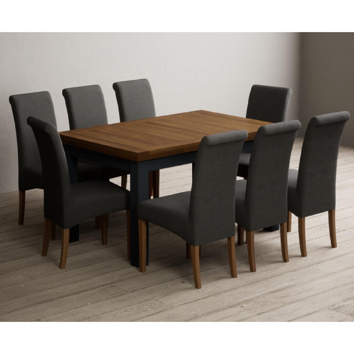 Extending Buxton 140cm Oak and Dark Blue Painted Dining Table with 8 Grey Scroll Back Chairs – image 22