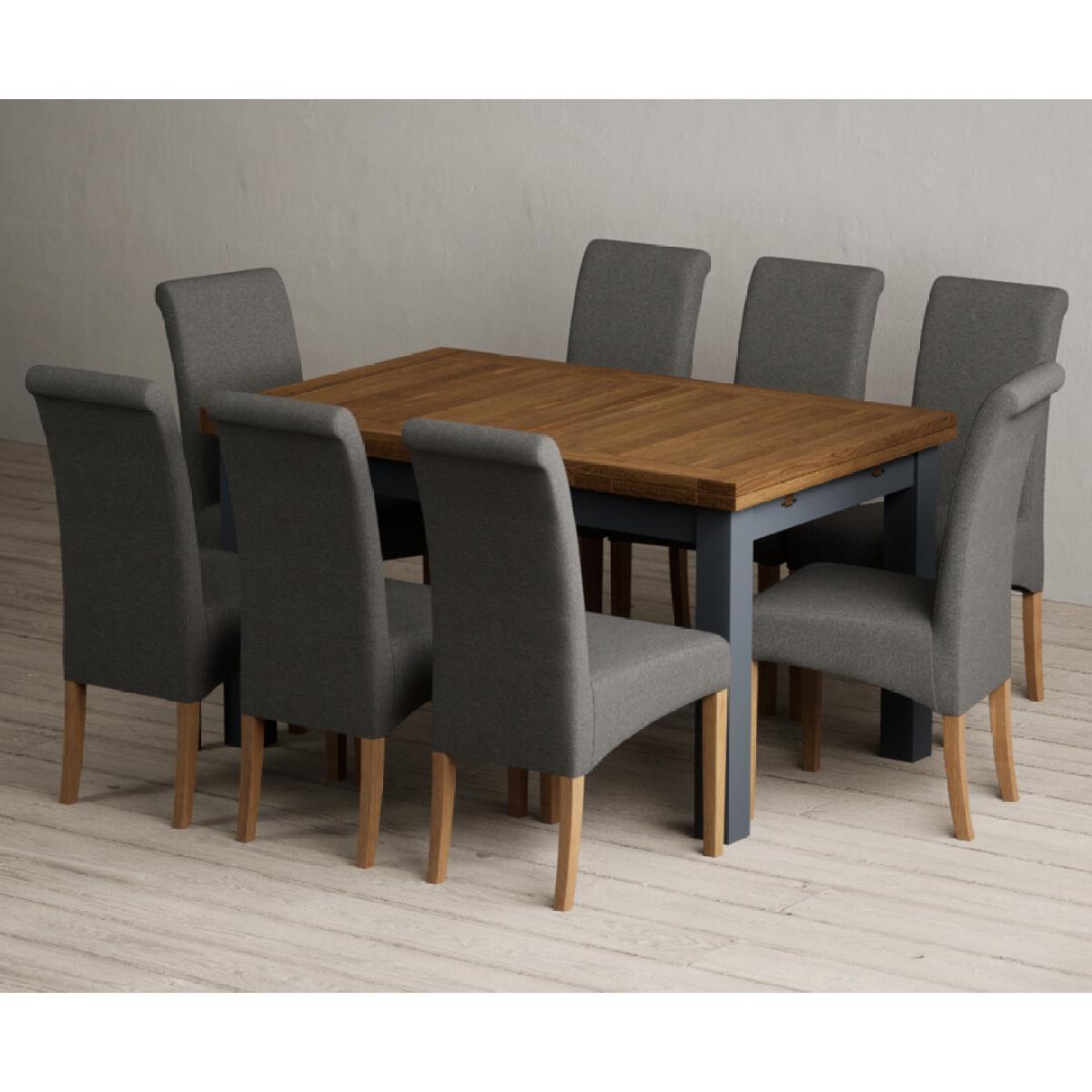 Extending Buxton 140cm Oak and Dark Blue Painted Dining Table with 8 Grey Scroll Back Chairs – image 24