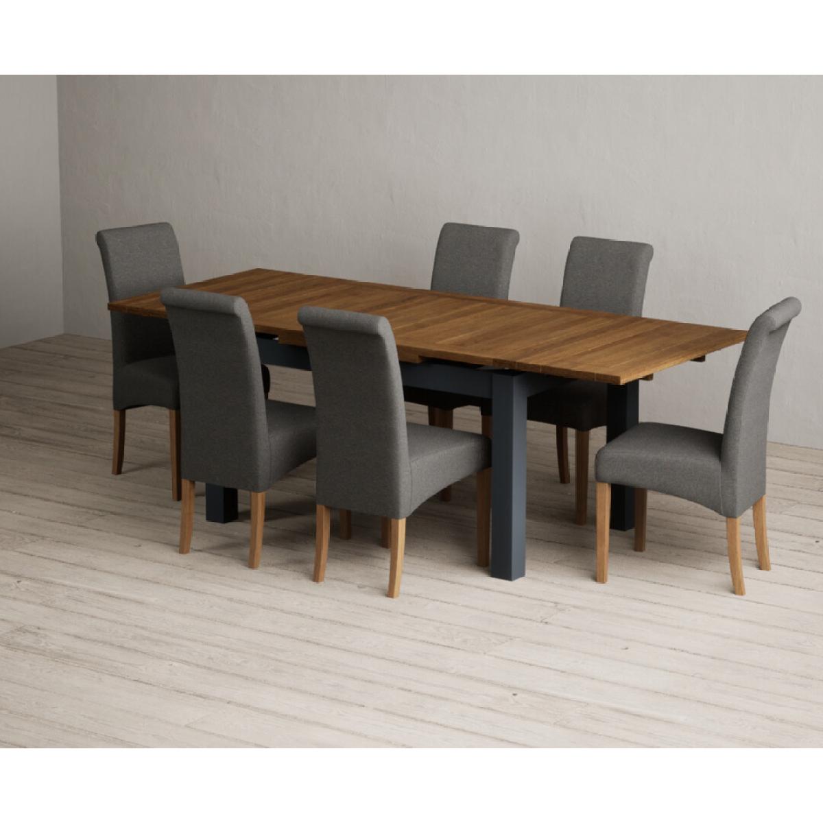 Extending Buxton 140cm Oak and Dark Blue Painted Dining Table with 8 Grey Scroll Back Chairs – image 25