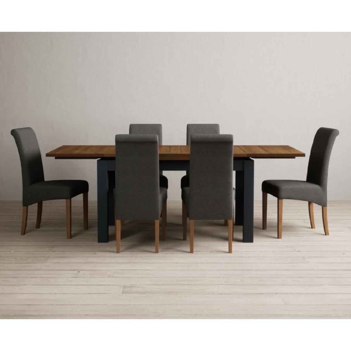Extending Buxton 140cm Oak and Dark Blue Painted Dining Table with 8 Grey Scroll Back Chairs – image 26