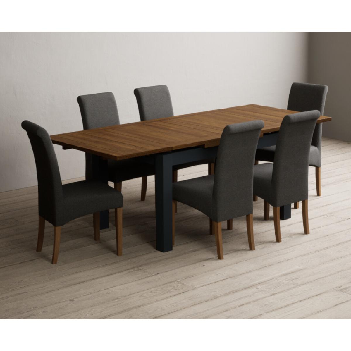 Extending Buxton 140cm Oak and Dark Blue Painted Dining Table with 8 Grey Scroll Back Chairs – image 27