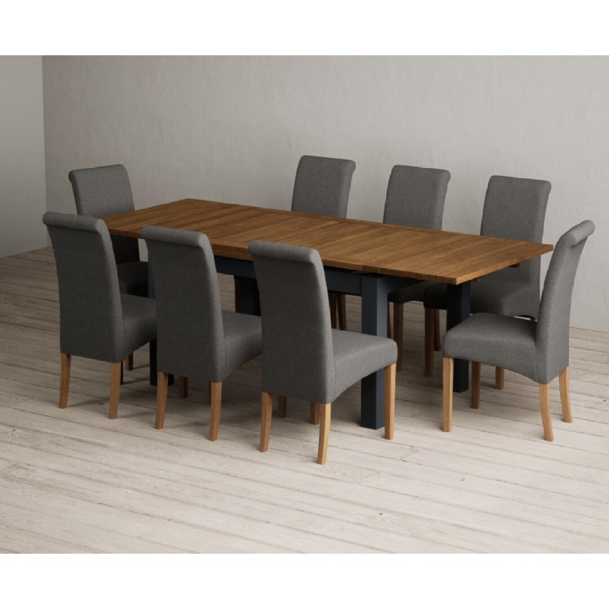 Extending Buxton 140cm Oak and Dark Blue Painted Dining Table with 8 Grey Scroll Back Chairs – image 28