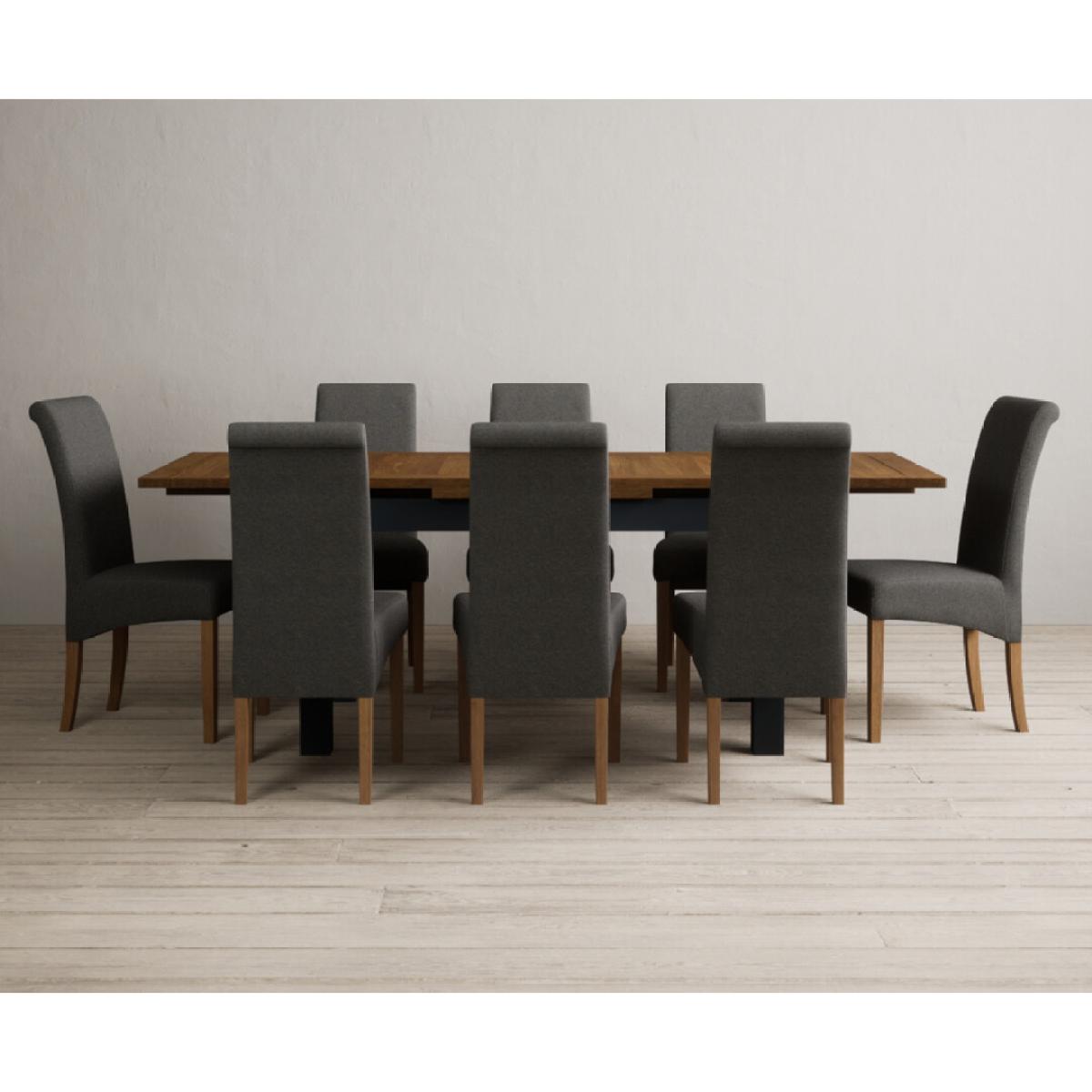 Extending Buxton 140cm Oak and Dark Blue Painted Dining Table with 8 Grey Scroll Back Chairs – image 29
