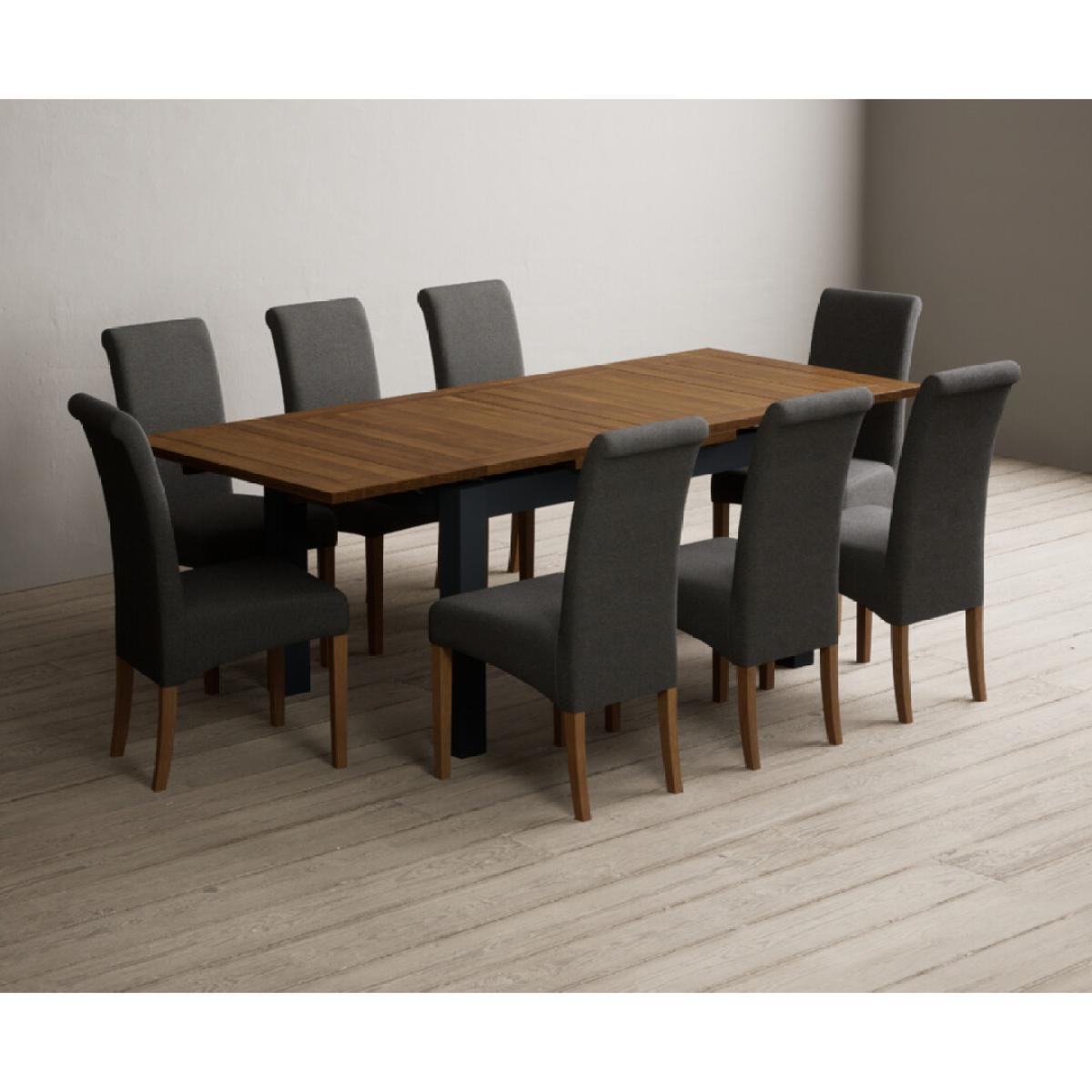 Extending Buxton 140cm Oak and Dark Blue Painted Dining Table with 8 Grey Scroll Back Chairs – image 30