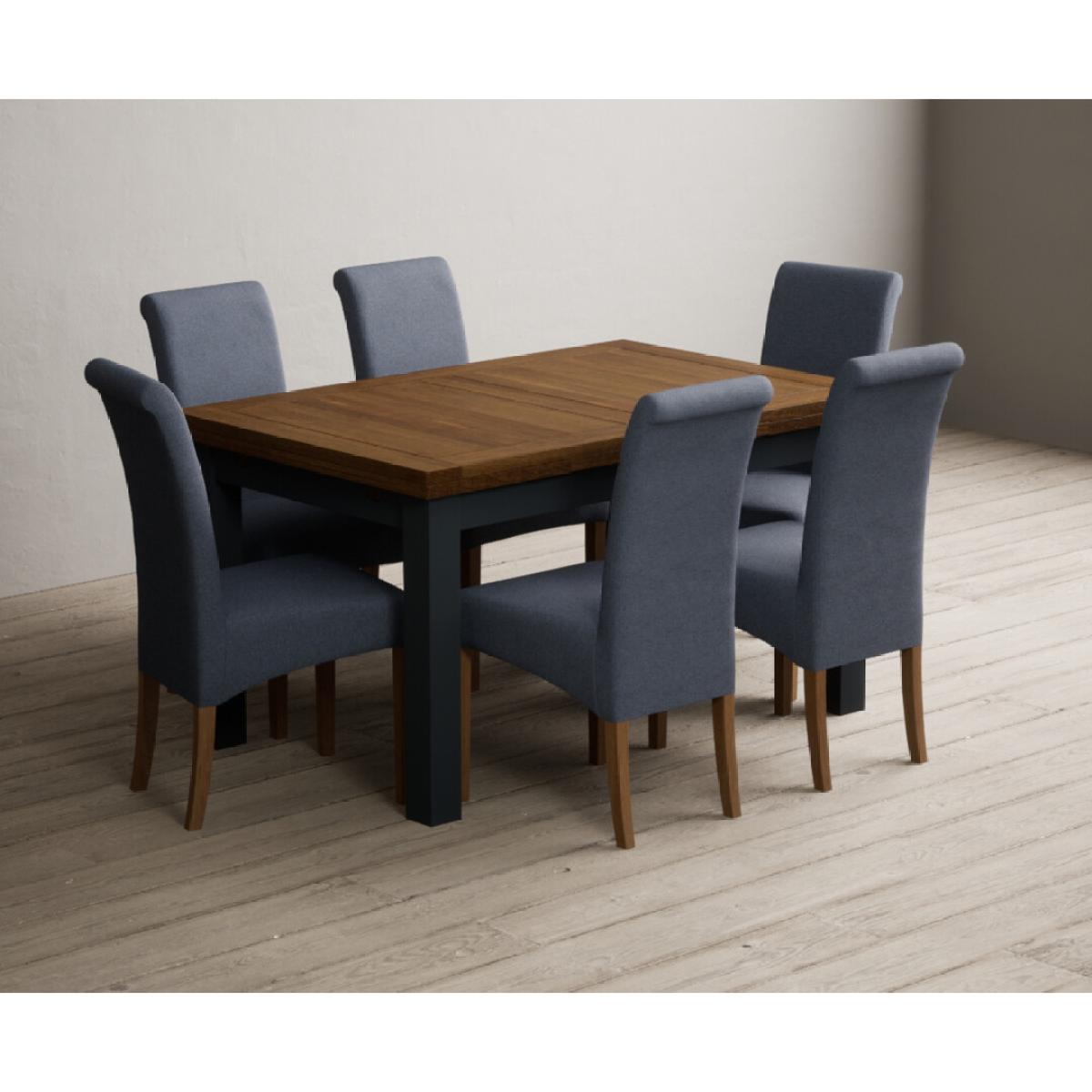 Extending Buxton 140cm Oak and Dark Blue Painted Dining Table with 8 Grey Scroll Back Chairs – image 4